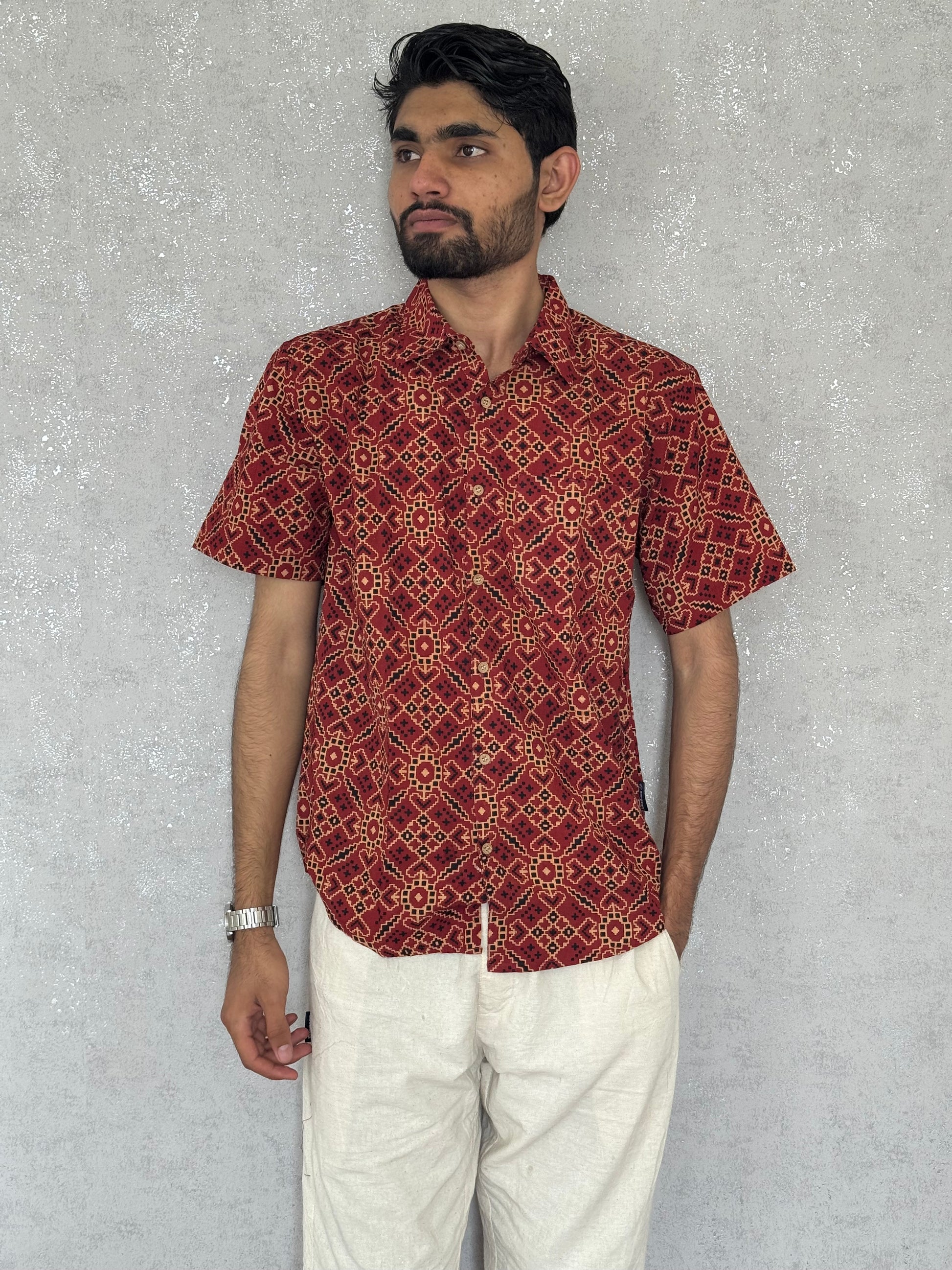 Cotton Ajrakh Half Sleeve Shirt For Men