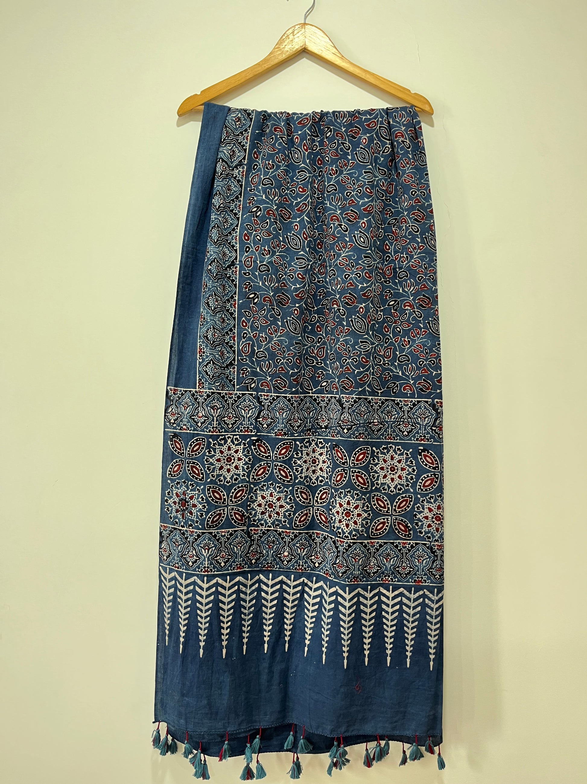 Cotton Ajrakh Hand Block Dupatta With Tessels