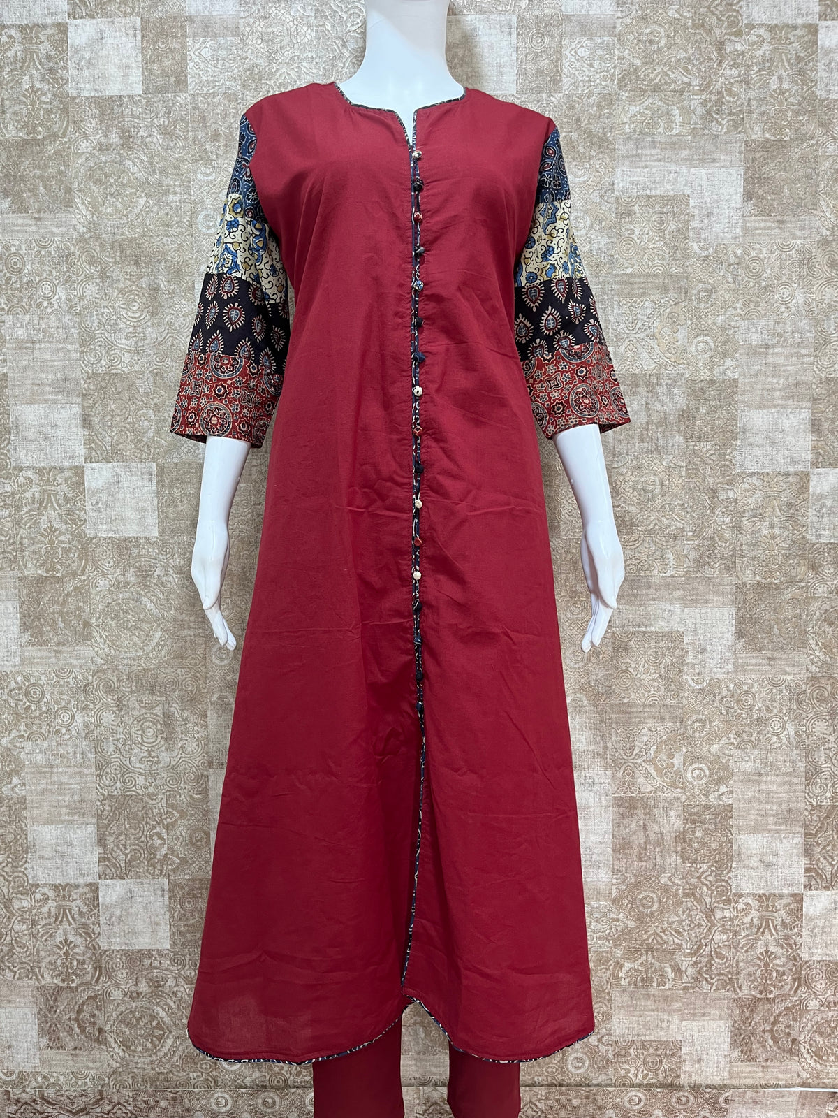 Cotton A-line Kurti With Sleeve Patch (MAROON)