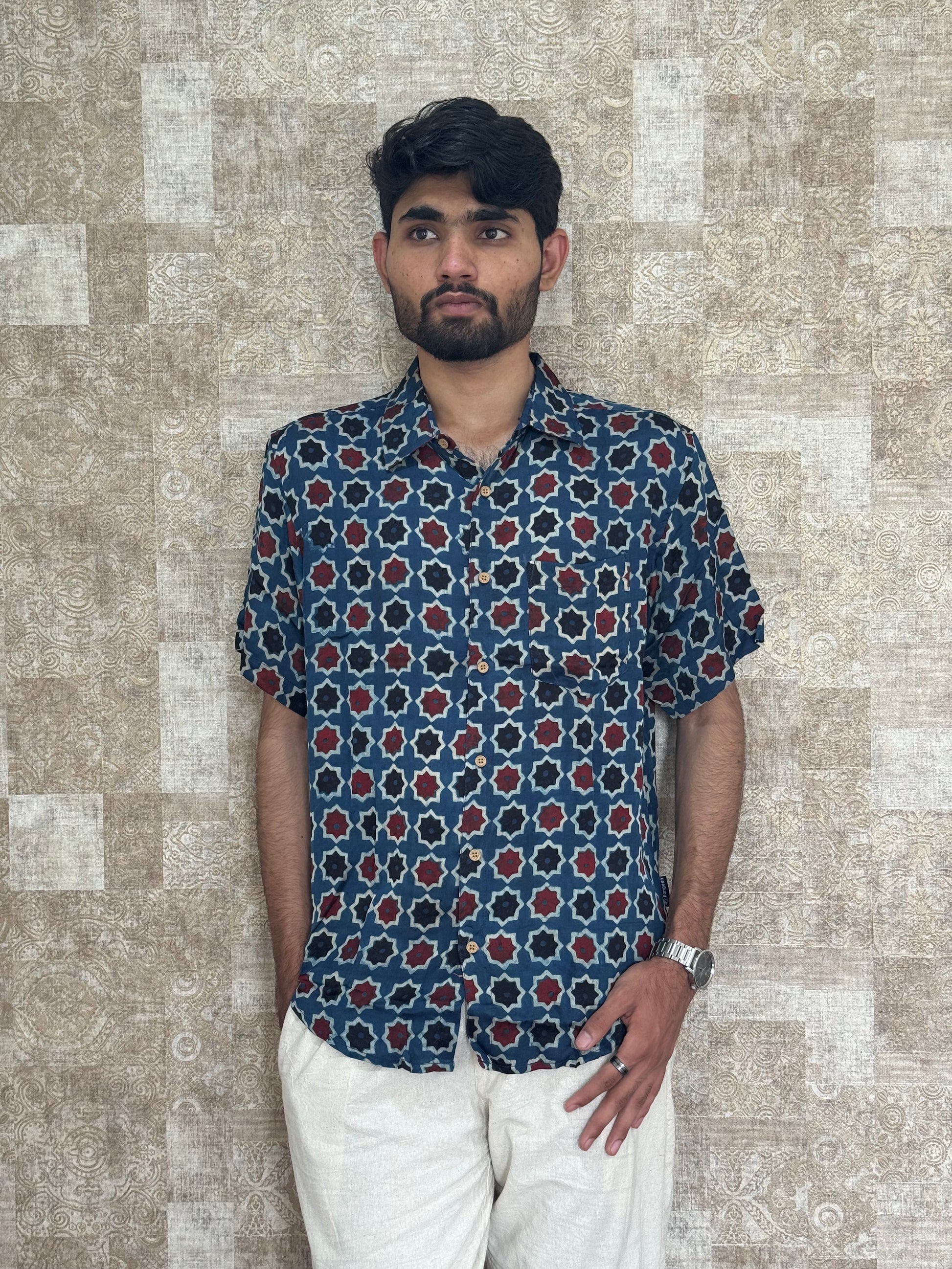 Modal Ajrakh Half Sleeve Shirt For Men