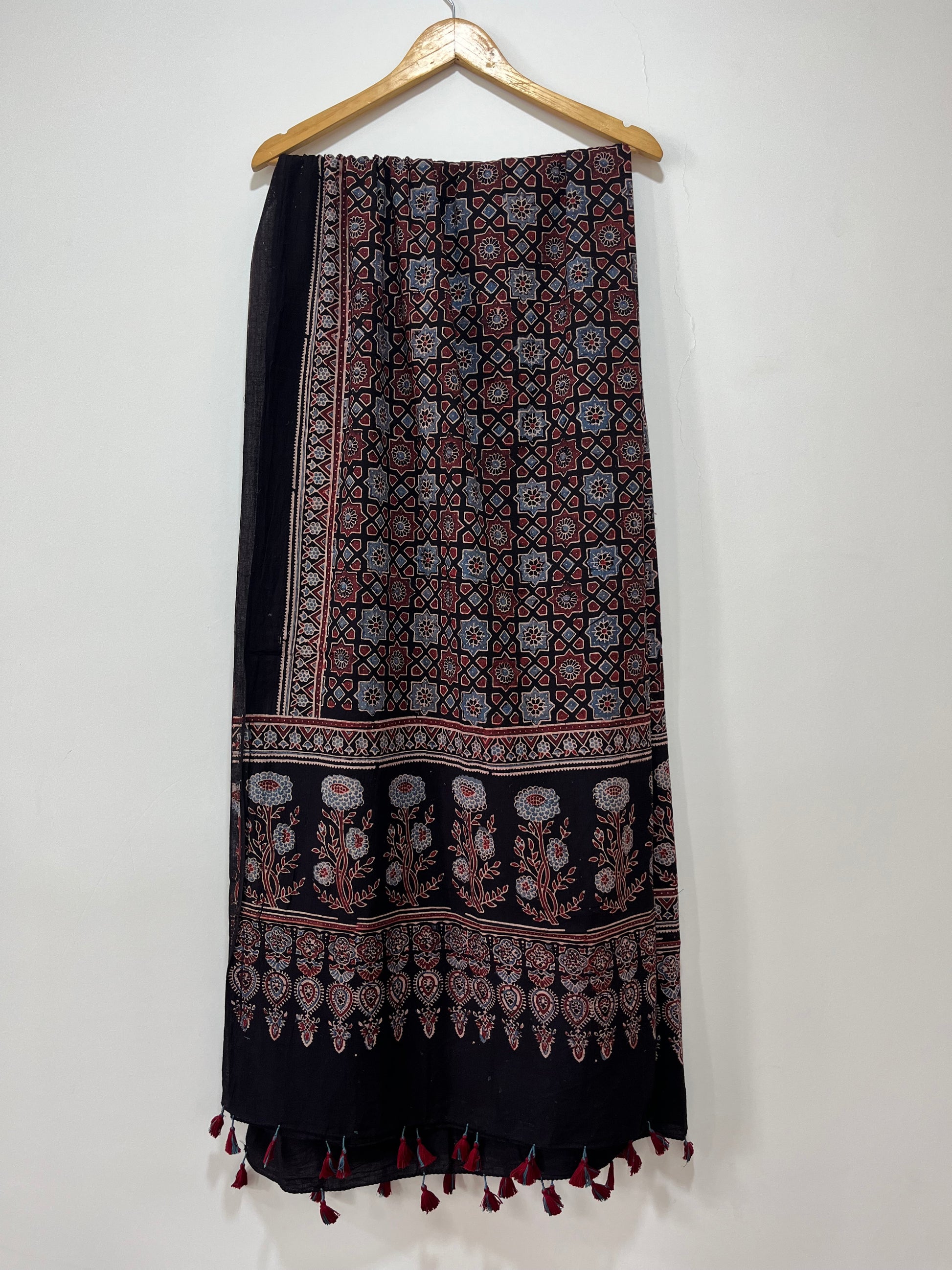 Cotton Ajrakh Hand Block Dupatta With Tessels
