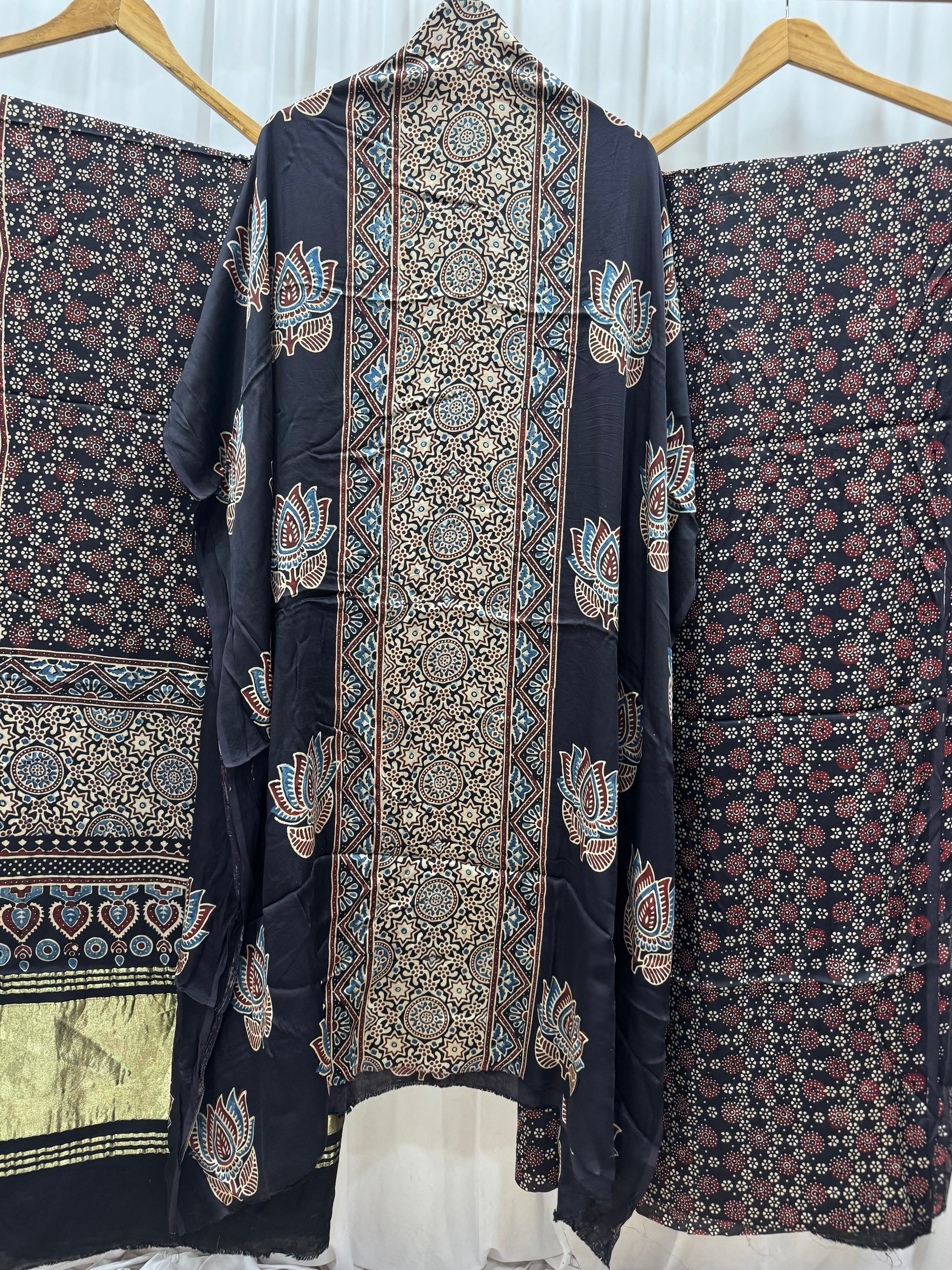 Modal Silk Ajrakh Hand Block printed 3 piece Suit Dress Materials with TCU PALLU (LAGDI / ZARI PATTA)
