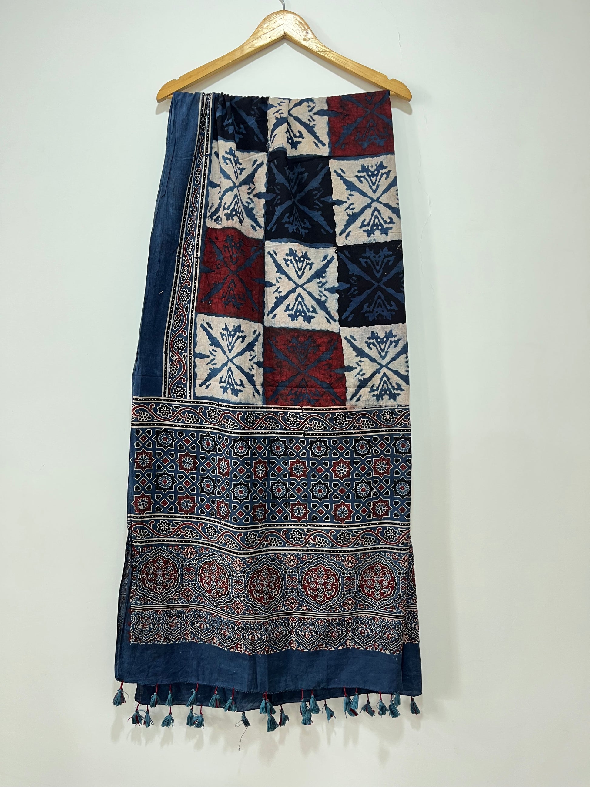 Cotton Ajrakh Hand Block Dupatta With Tessels