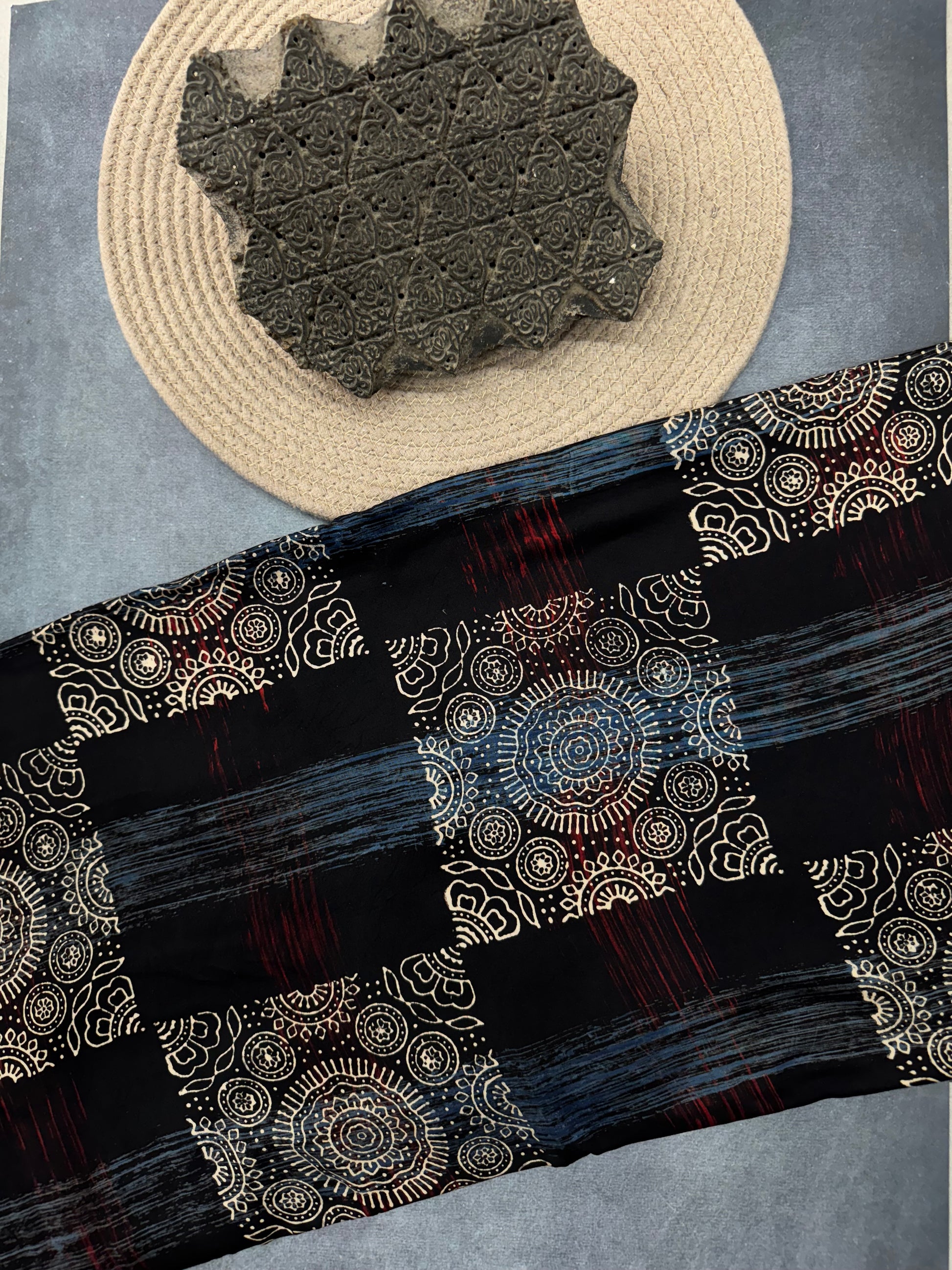 Modal silk Ajrakh Hand Block Printed Running Fabric