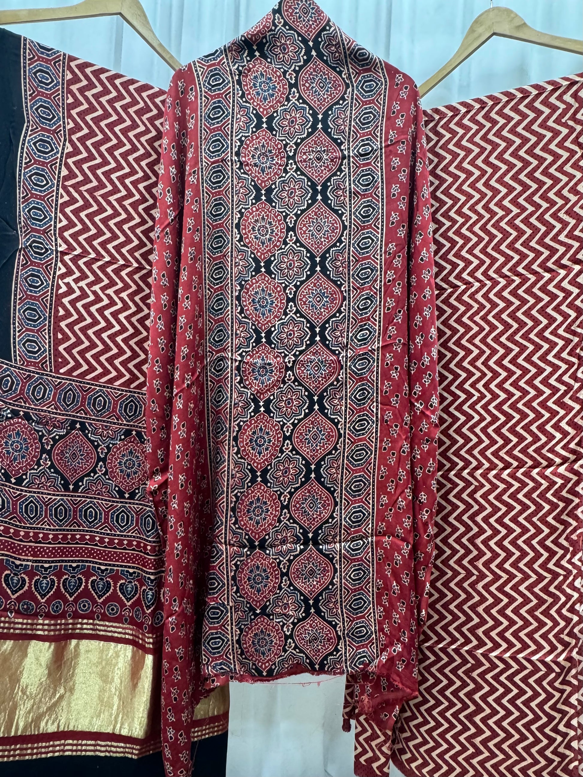 Modal Silk Ajrakh Hand Block printed 3 piece Suit Dress Materials with TCU PALLU (LAGDI / ZARI PATTA)