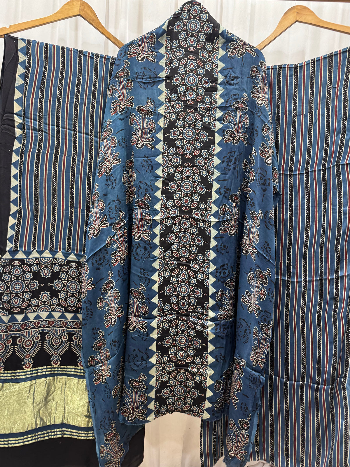 Modal Silk Ajrakh Hand Block printed 3 piece Suit Dress Materials with TCU PALLU (LAGDI / ZARI PATTA)