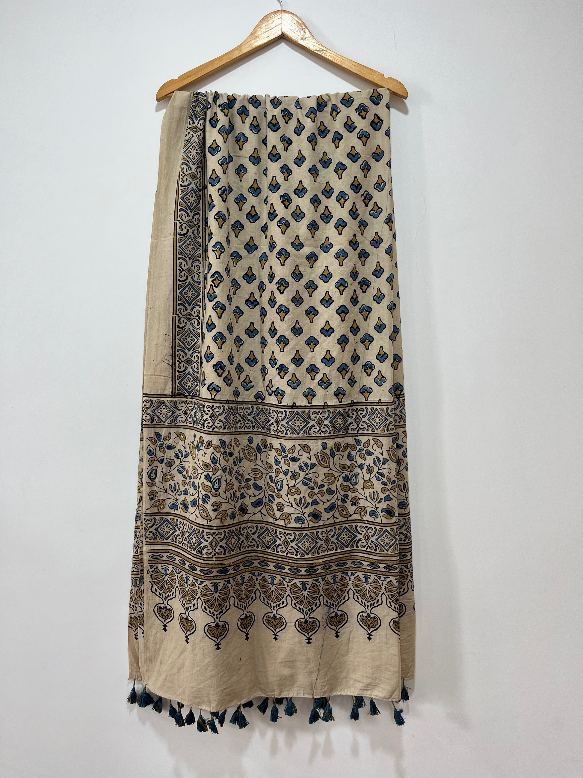 Cotton Ajrakh Hand Block Dupatta With Tessels