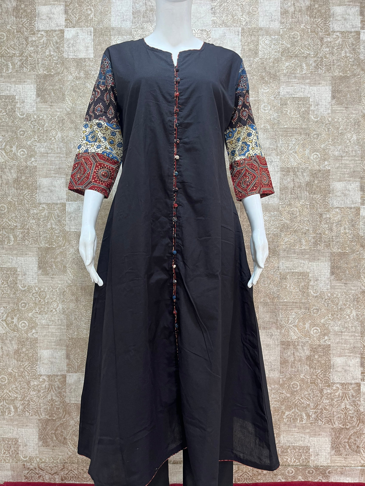 Cotton A-line Kurti With Sleeve Patch (BLACK)