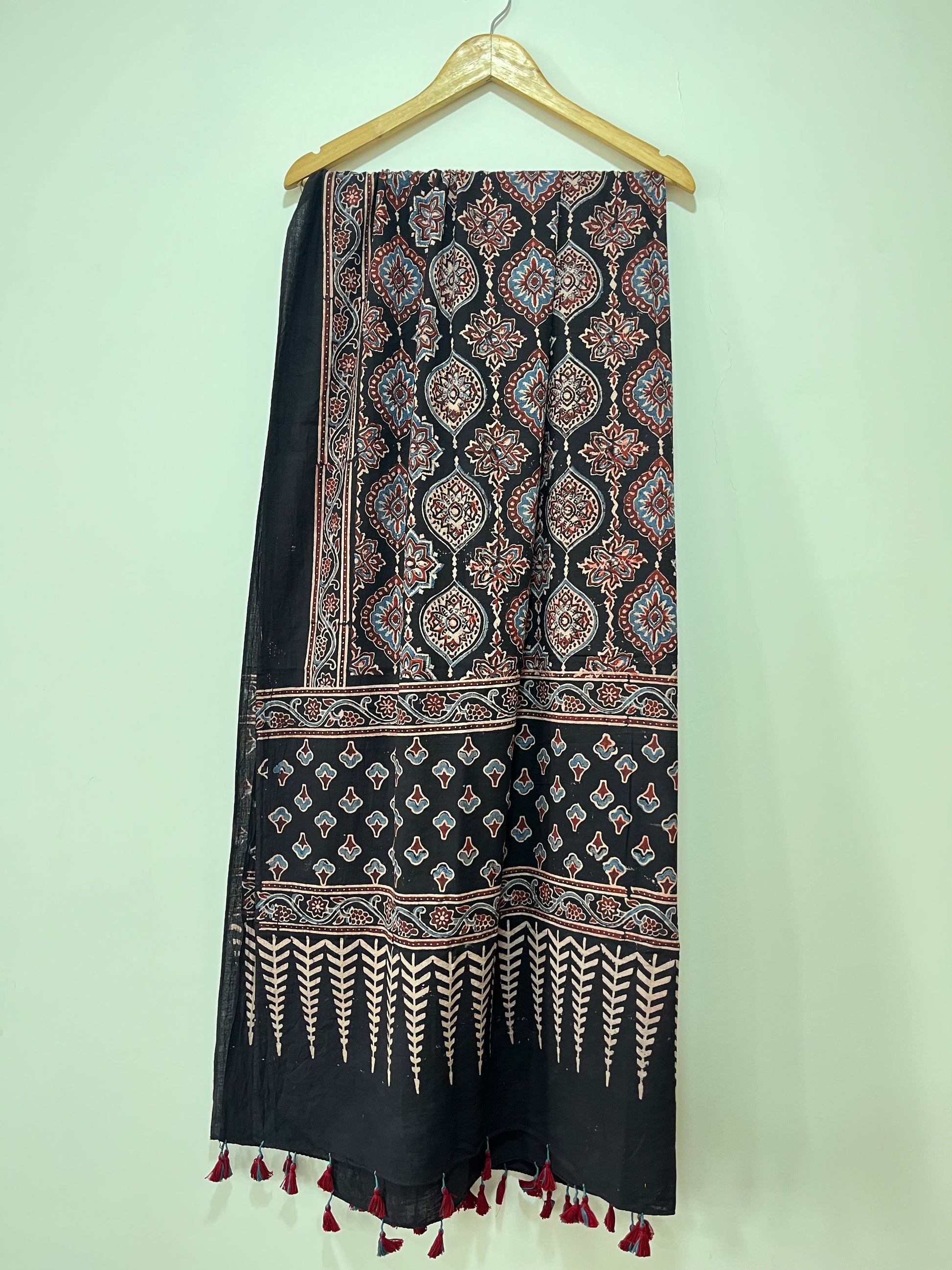 Cotton Ajrakh Hand Block Dupatta With Tessels