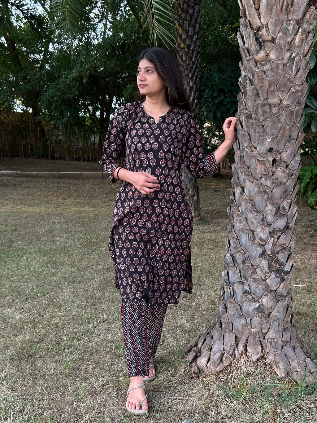 Ajrakh Hand Block Print Long Kurti & Pant Set – Cotton