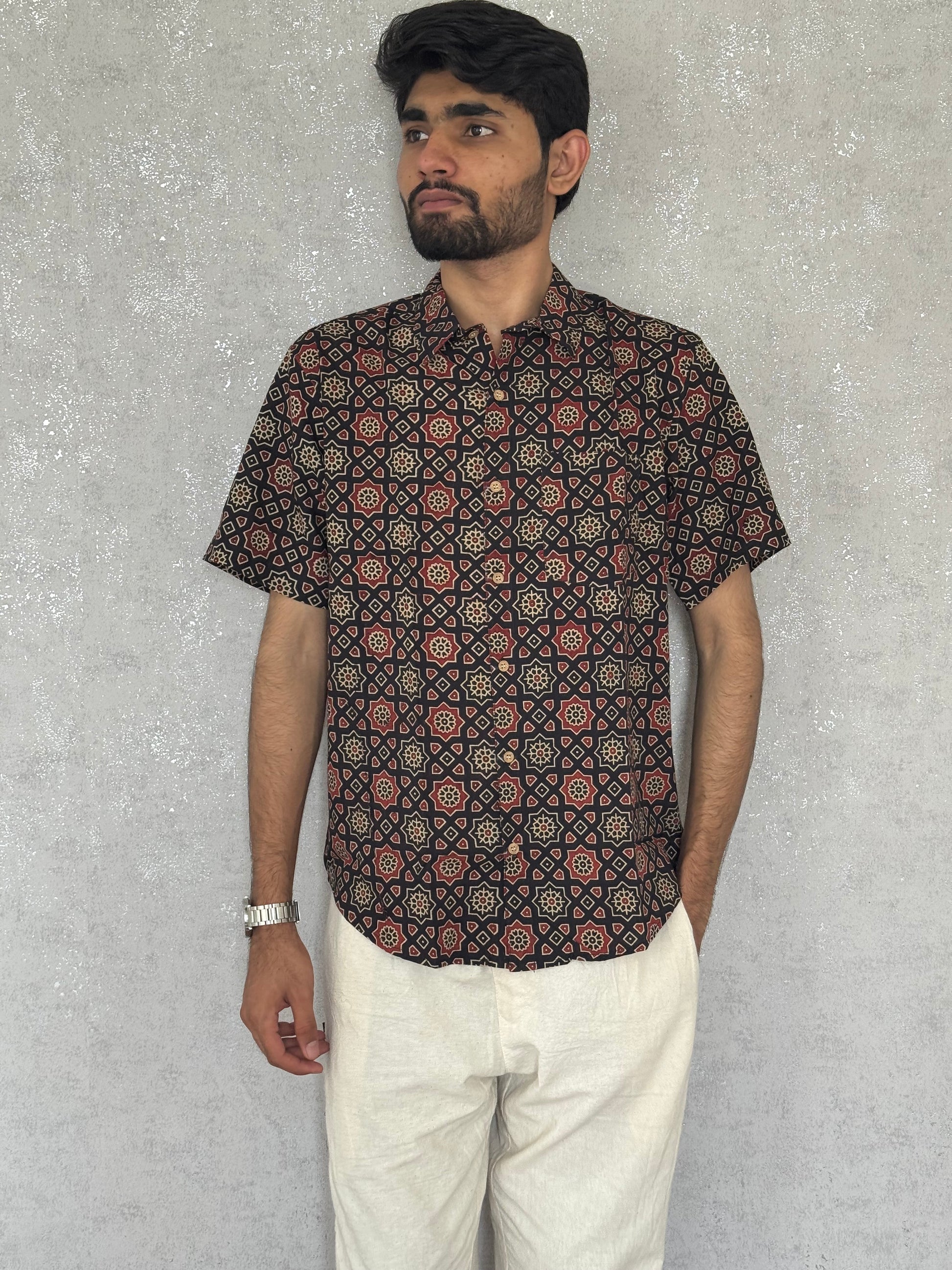 Cotton Ajrakh Half Sleeve Shirt For Men
