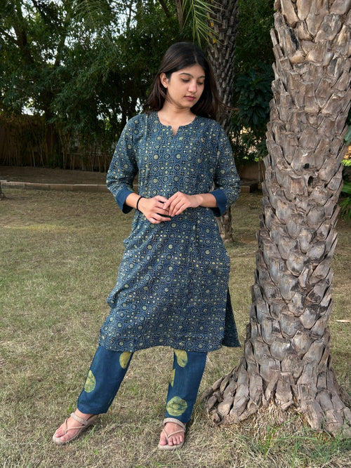 Ajrakh Hand Block Print Long Kurti & Pant Set – Cotton