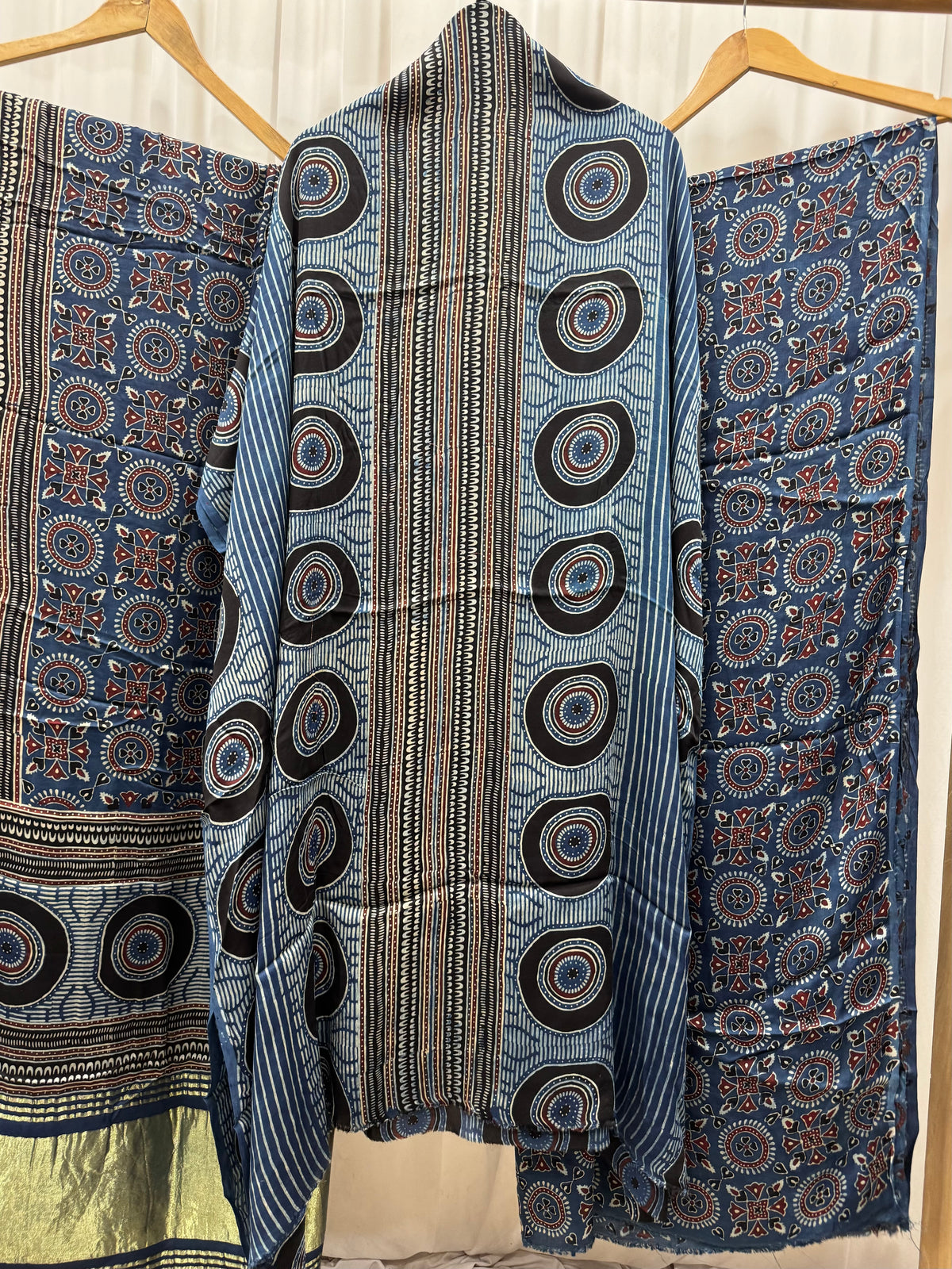 Modal Silk Ajrakh Hand Block printed 3 piece Suit Dress Materials with TCU PALLU (LAGDI / ZARI PATTA)