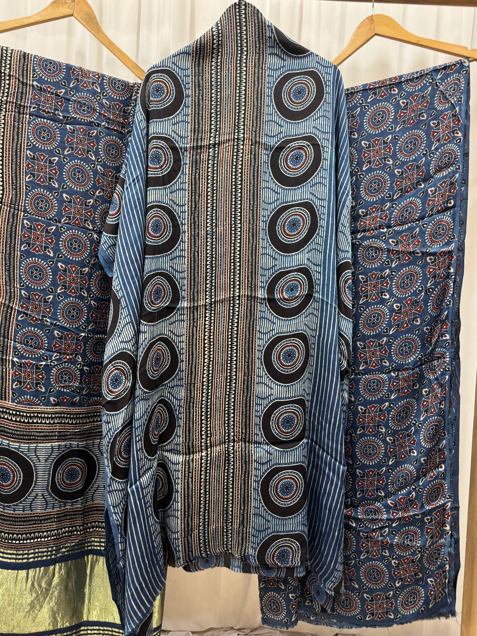 Modal Silk Ajrakh Hand Block printed 3 piece Suit Dress Materials with TCU PALLU (LAGDI / ZARI PATTA)