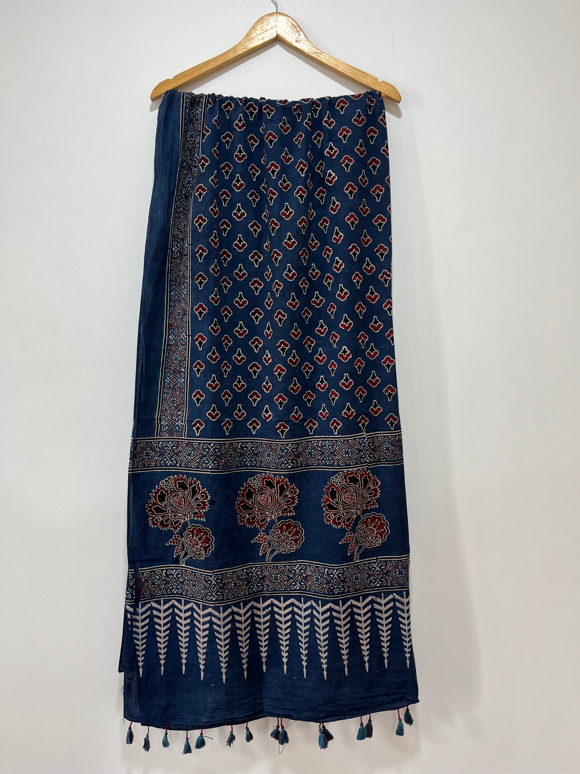 Cotton Ajrakh Hand Block Dupatta With Tessels