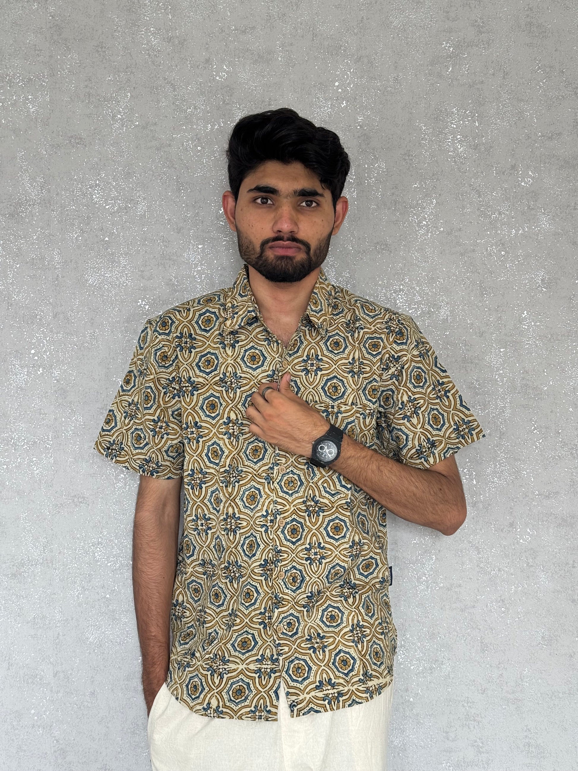 Cotton Ajrakh Half Sleeve Shirt For Men