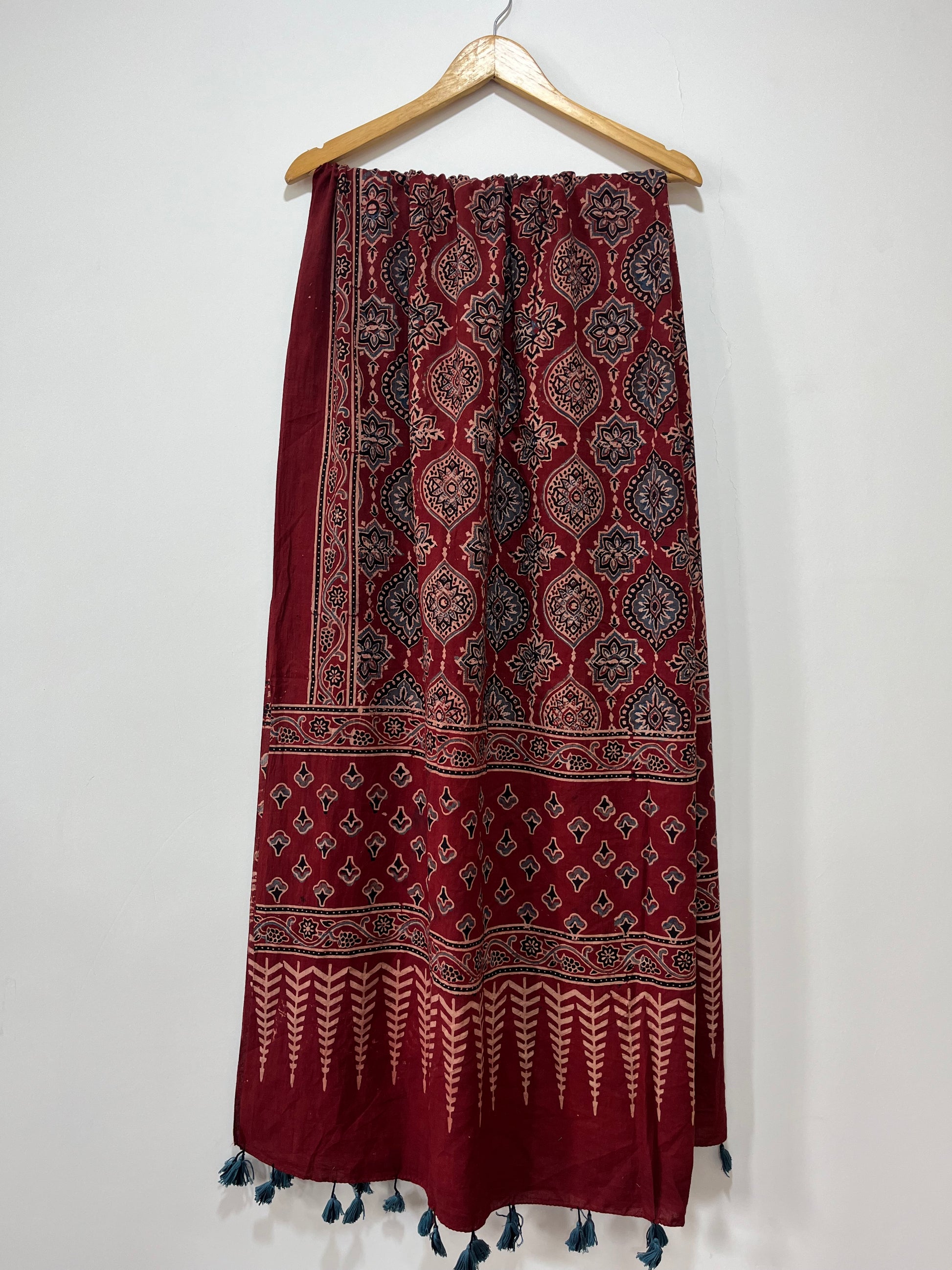 Cotton Ajrakh Hand Block Dupatta With Tessels