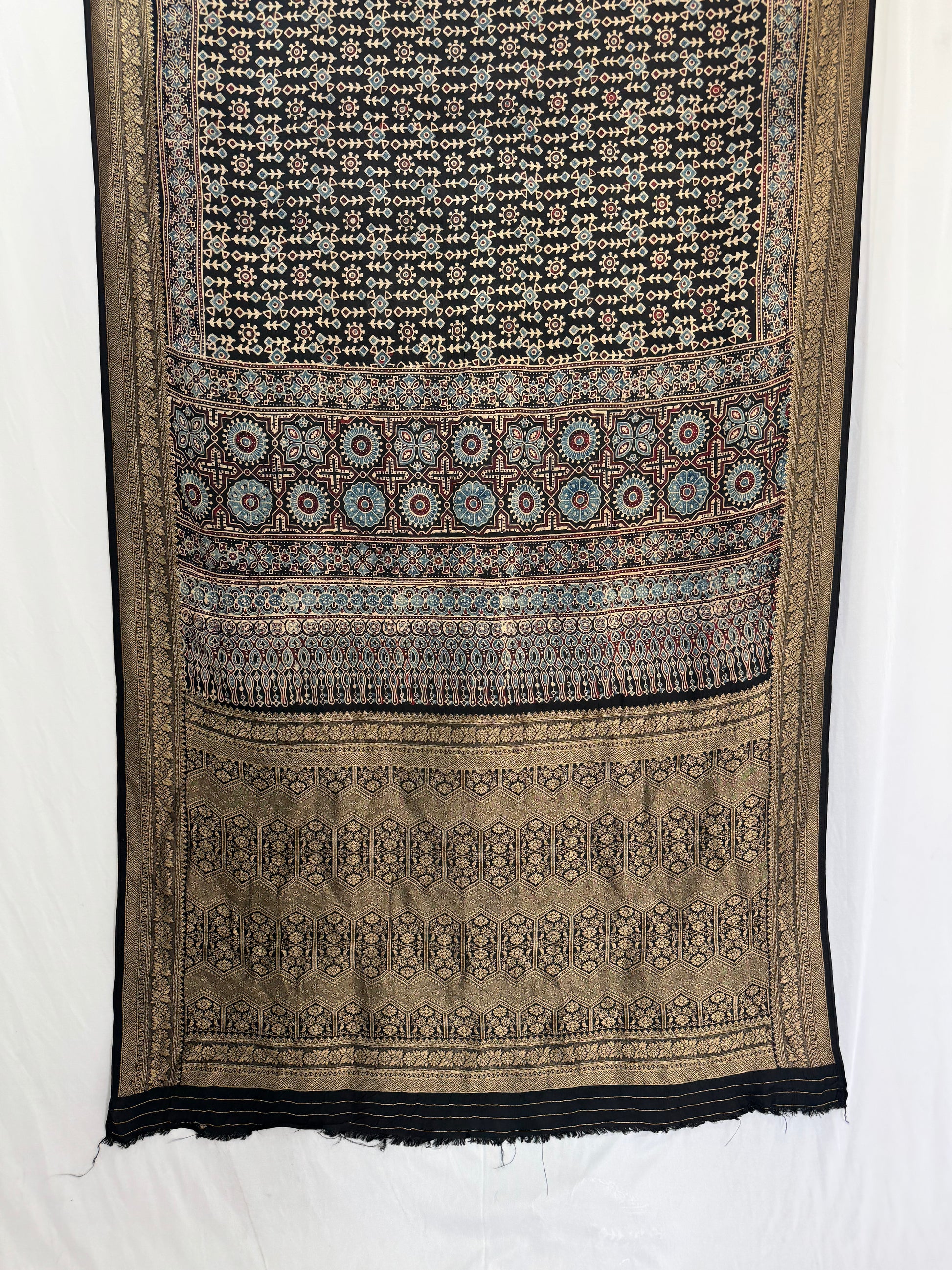 Dola Silk Ajrakh Hand Block Saree