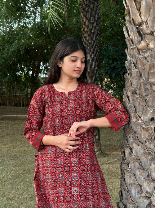 Ajrakh Hand Block Print Long Kurti & Pant Set – Cotton