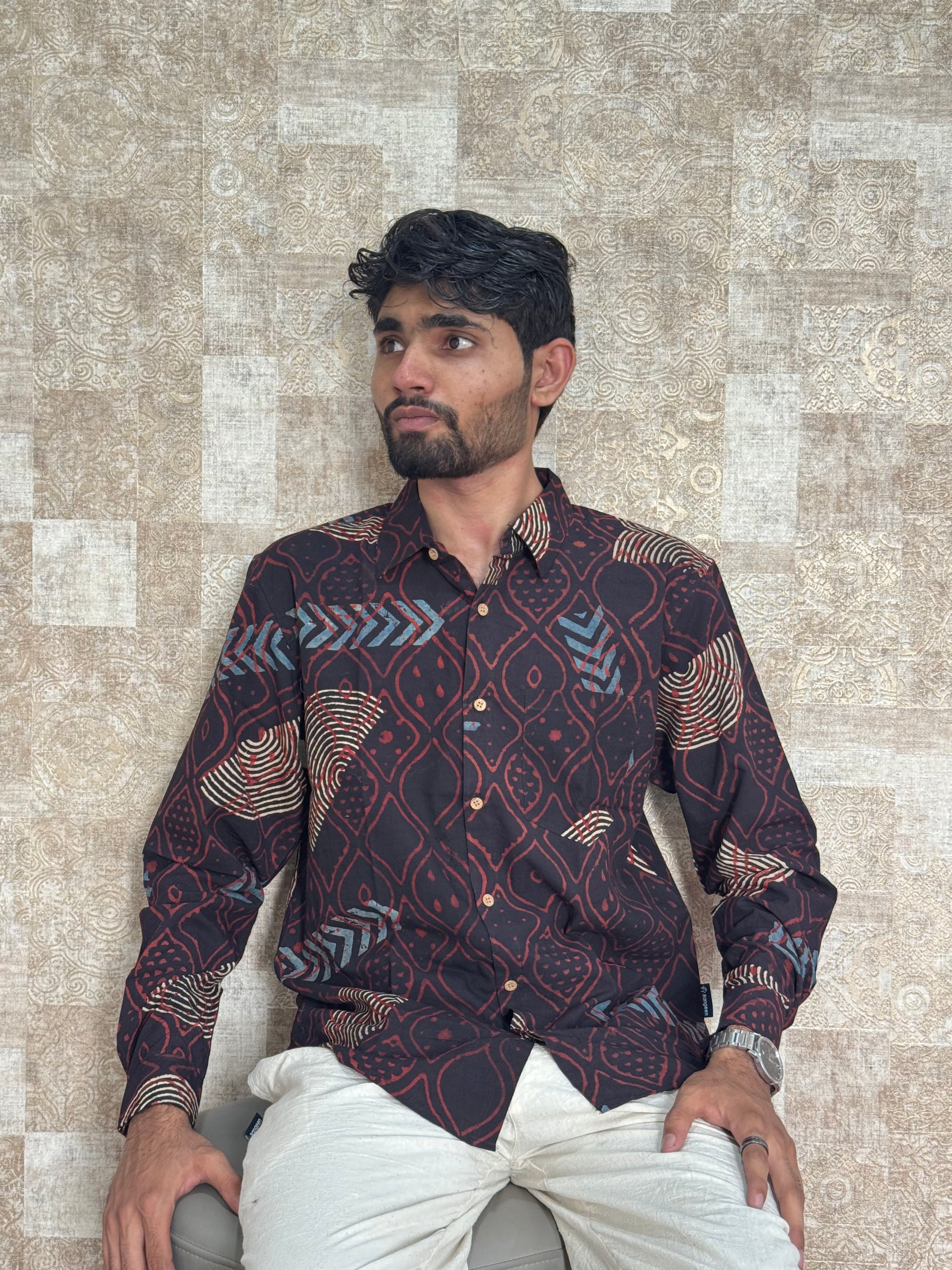 Cotton Ajrakh Full Sleeve Shirt For Men