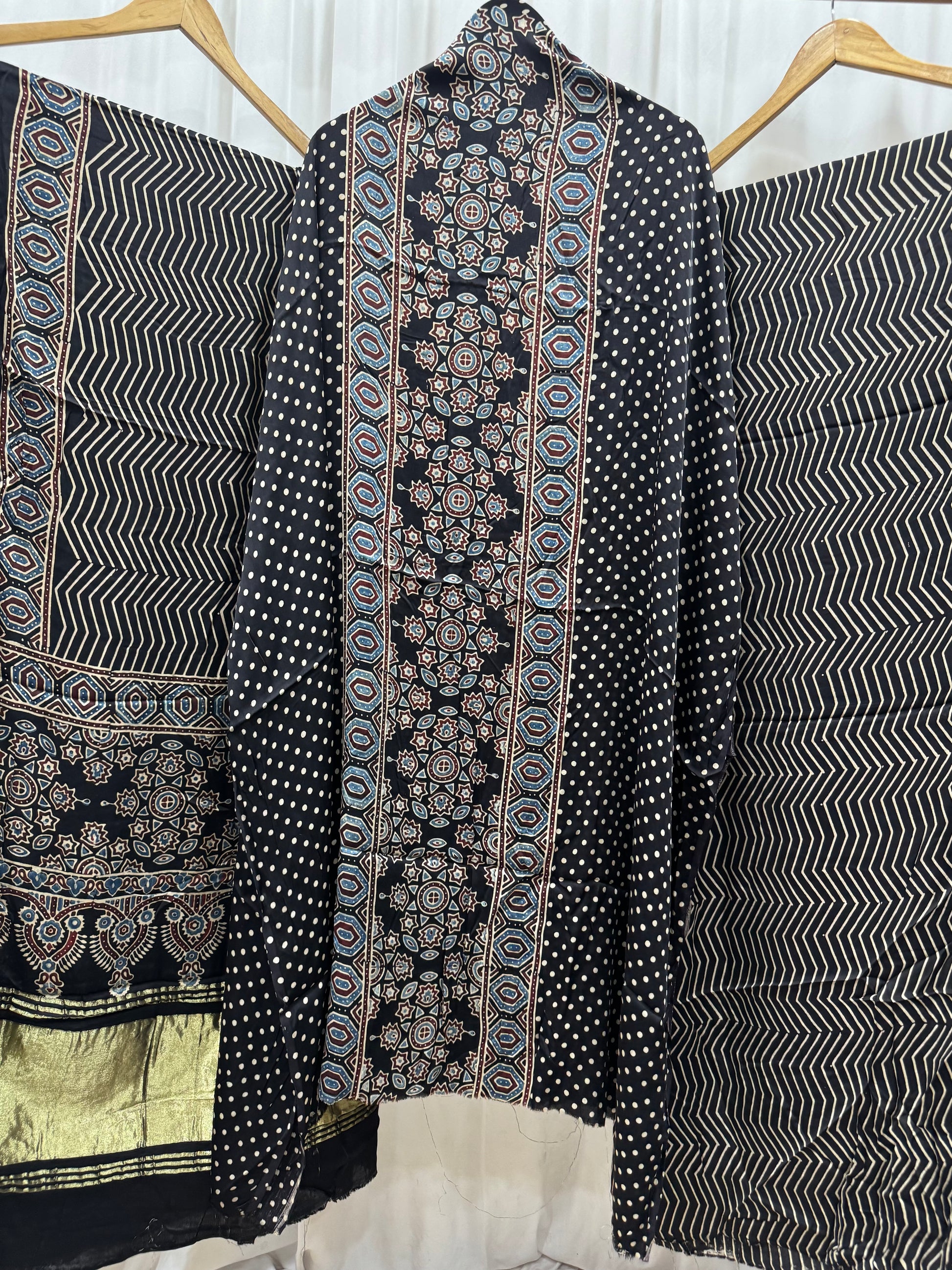 Modal Silk Ajrakh Hand Block printed 3 piece Suit Dress Materials with TCU PALLU (LAGDI / ZARI PATTA)