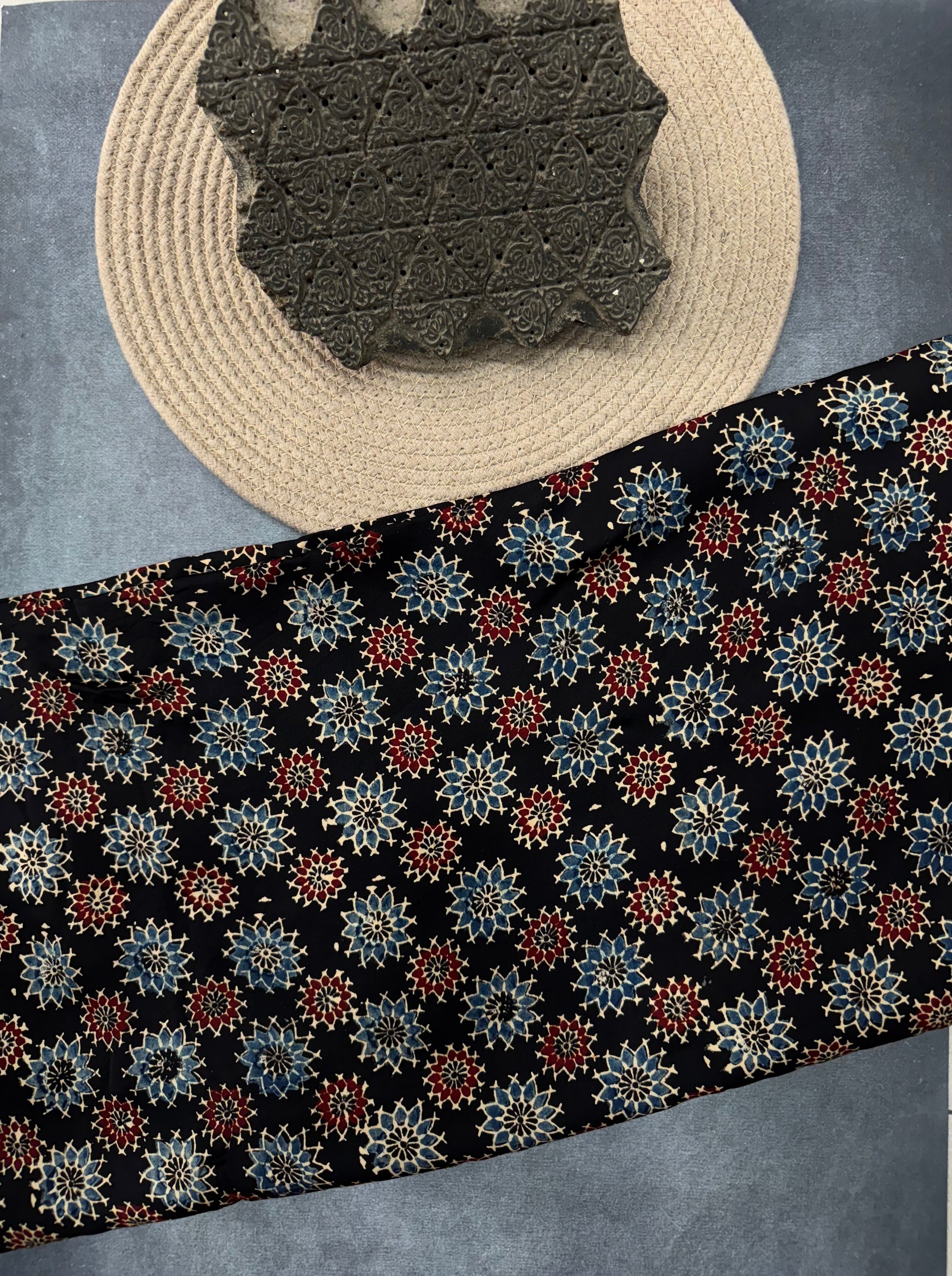 Modal silk Ajrakh Hand Block Printed Running Fabric
