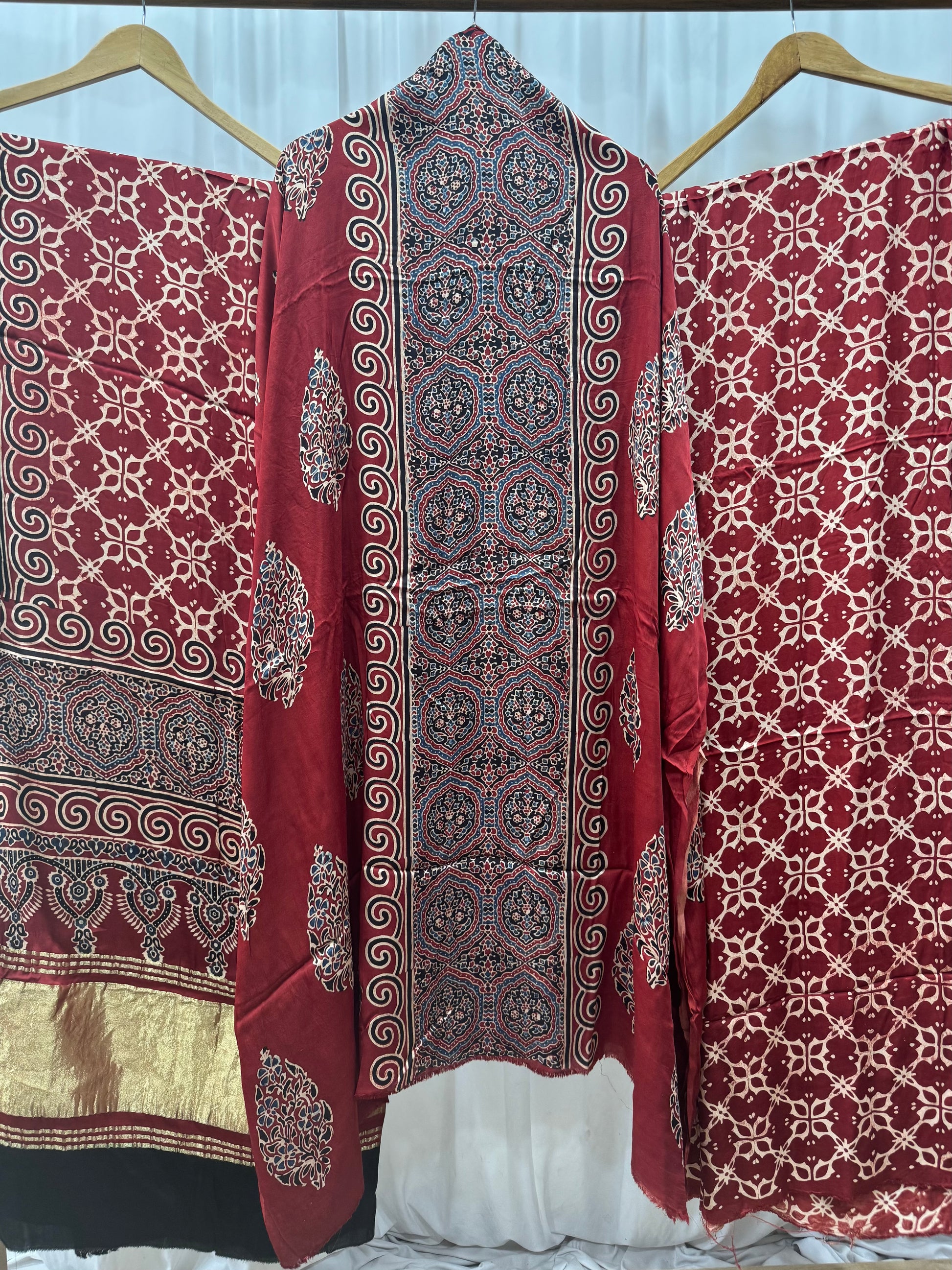 Modal Silk Ajrakh Hand Block printed 3 piece Suit Dress Materials with TCU PALLU (LAGDI / ZARI PATTA)