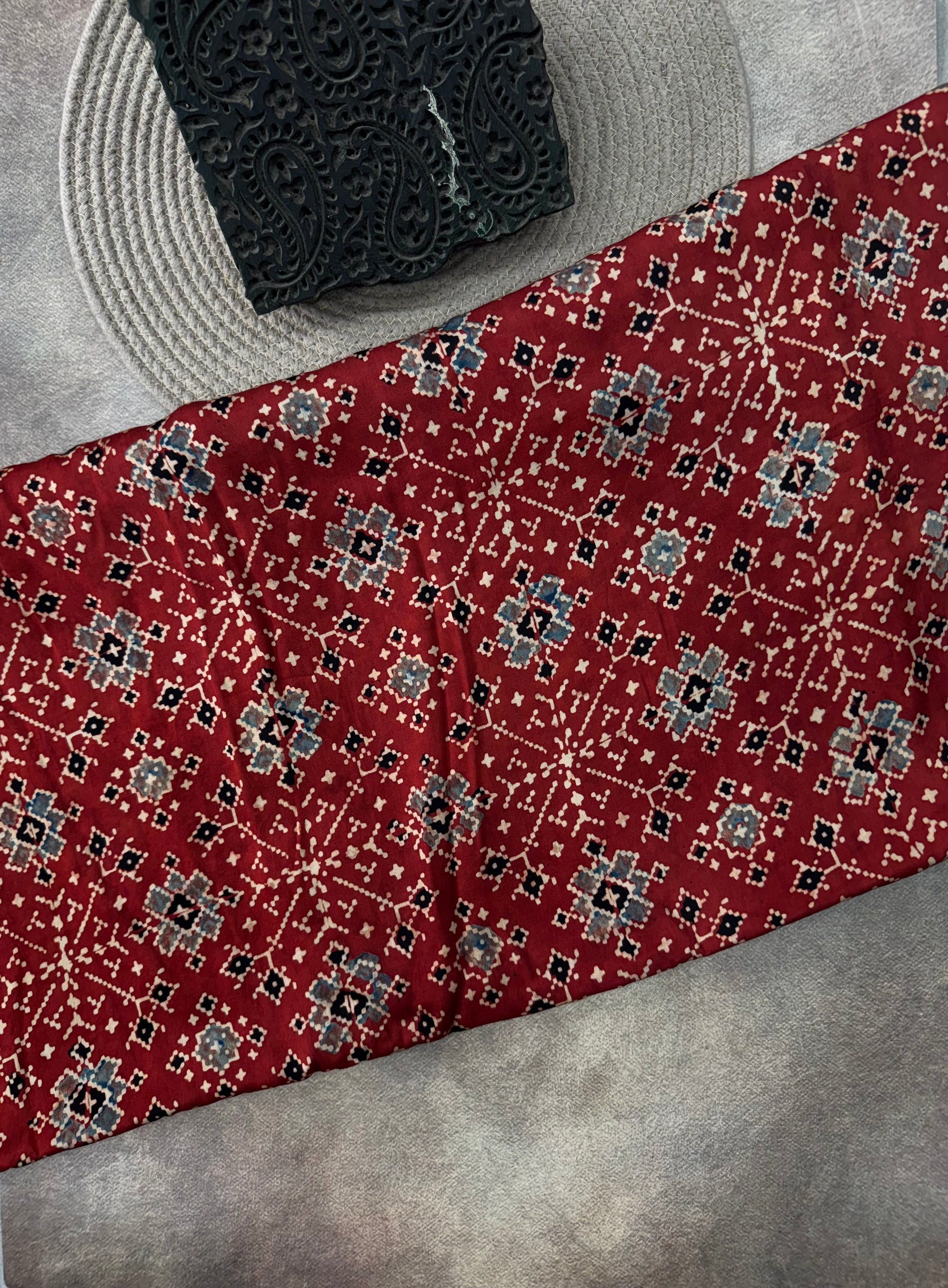 Modal silk Ajrakh Hand Block Printed Running Fabric