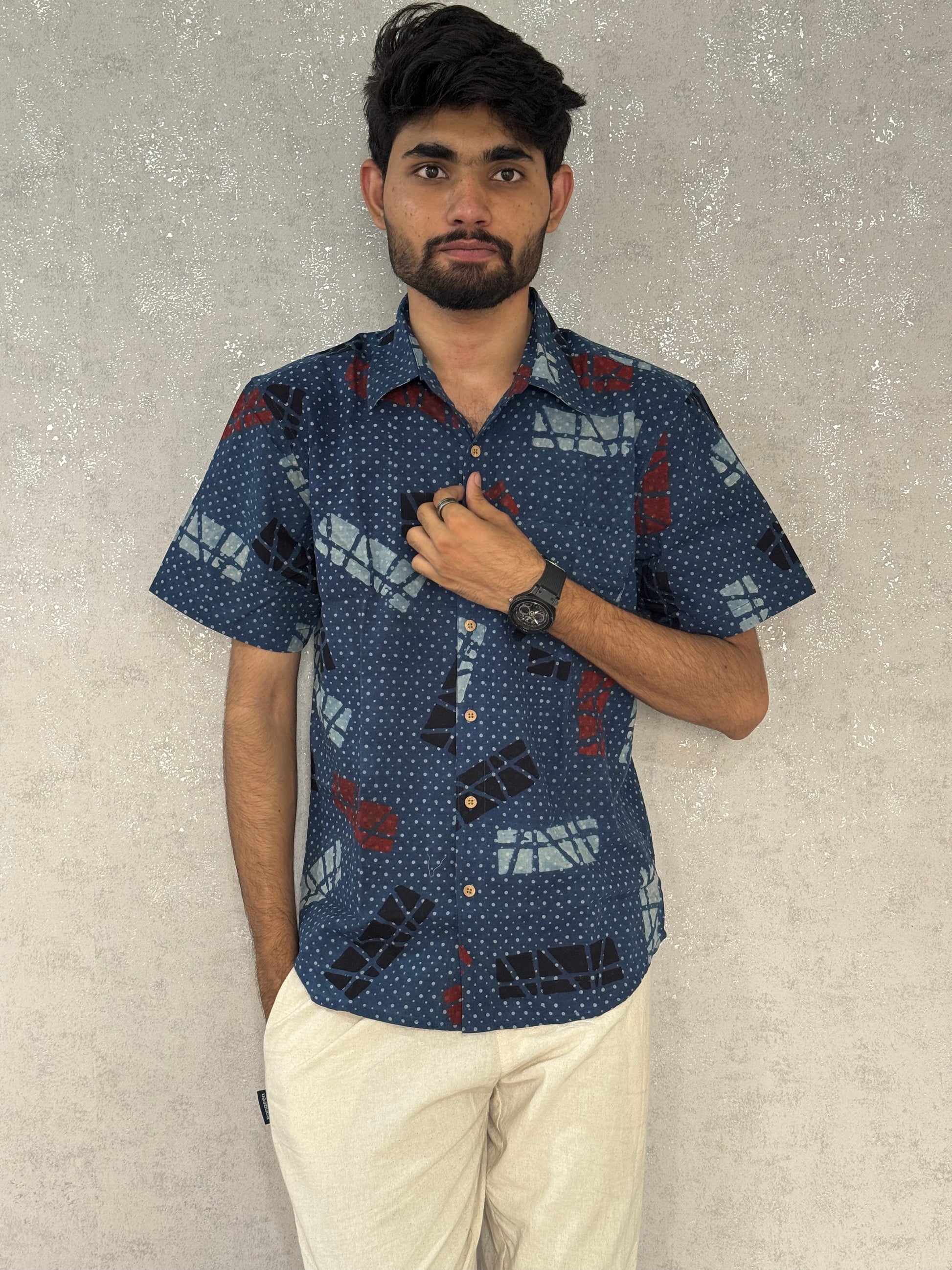 Cotton Ajrakh Half Sleeve Shirt For Men