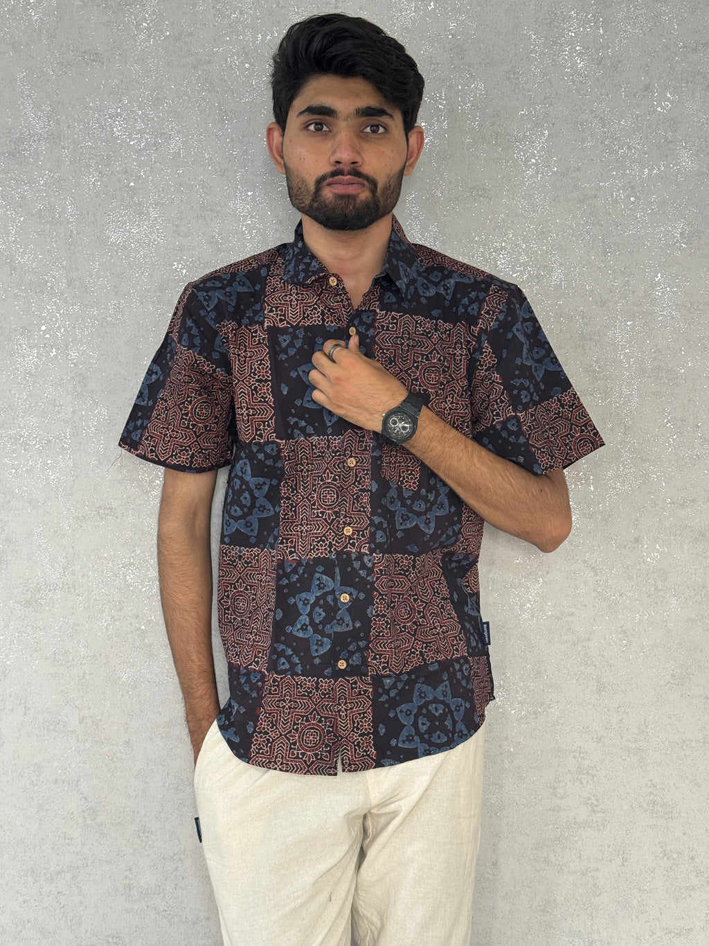 Cotton Ajrakh Half Sleeve Shirt For Men