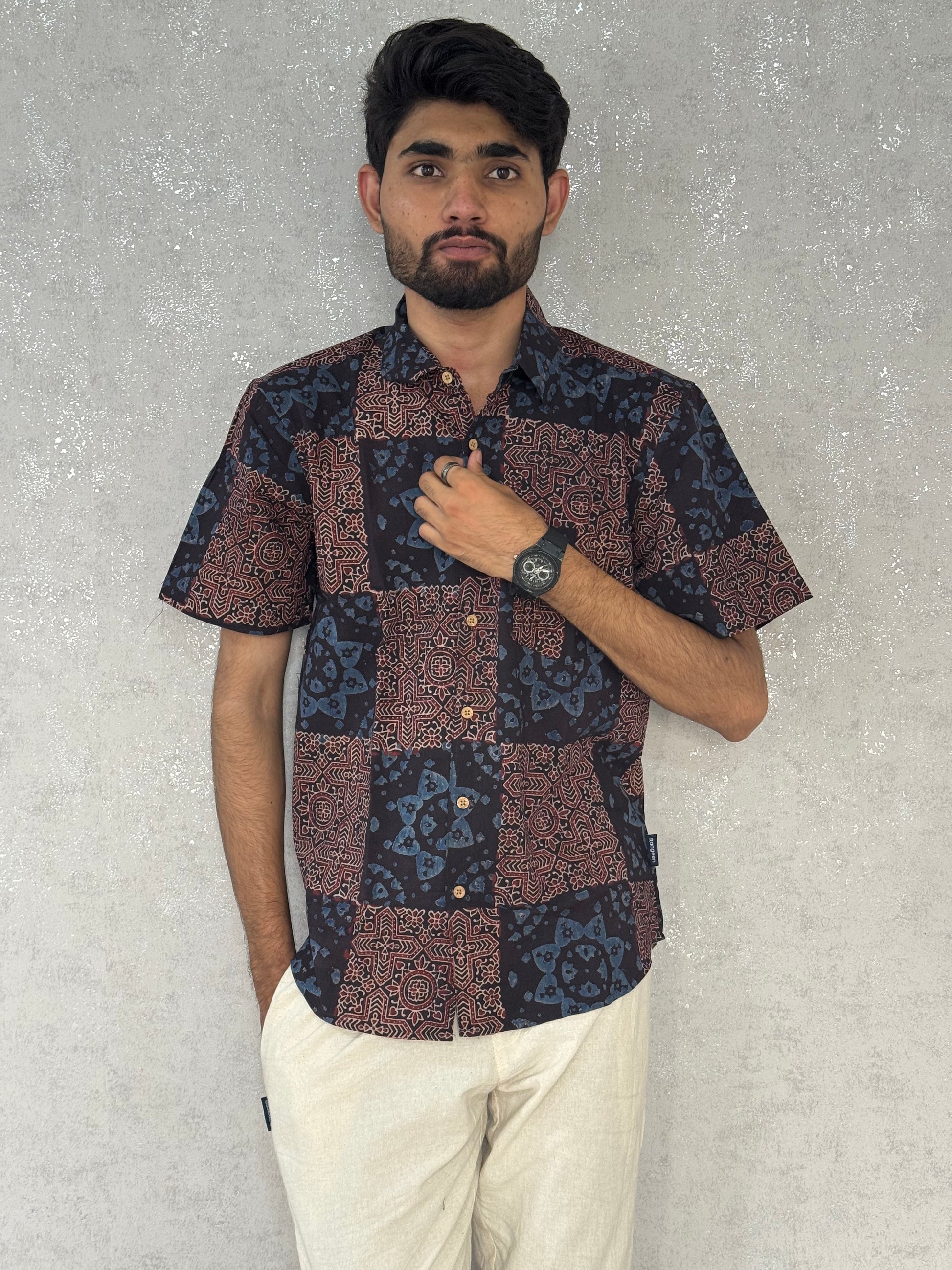 Cotton Ajrakh Half Sleeve Shirt For Men