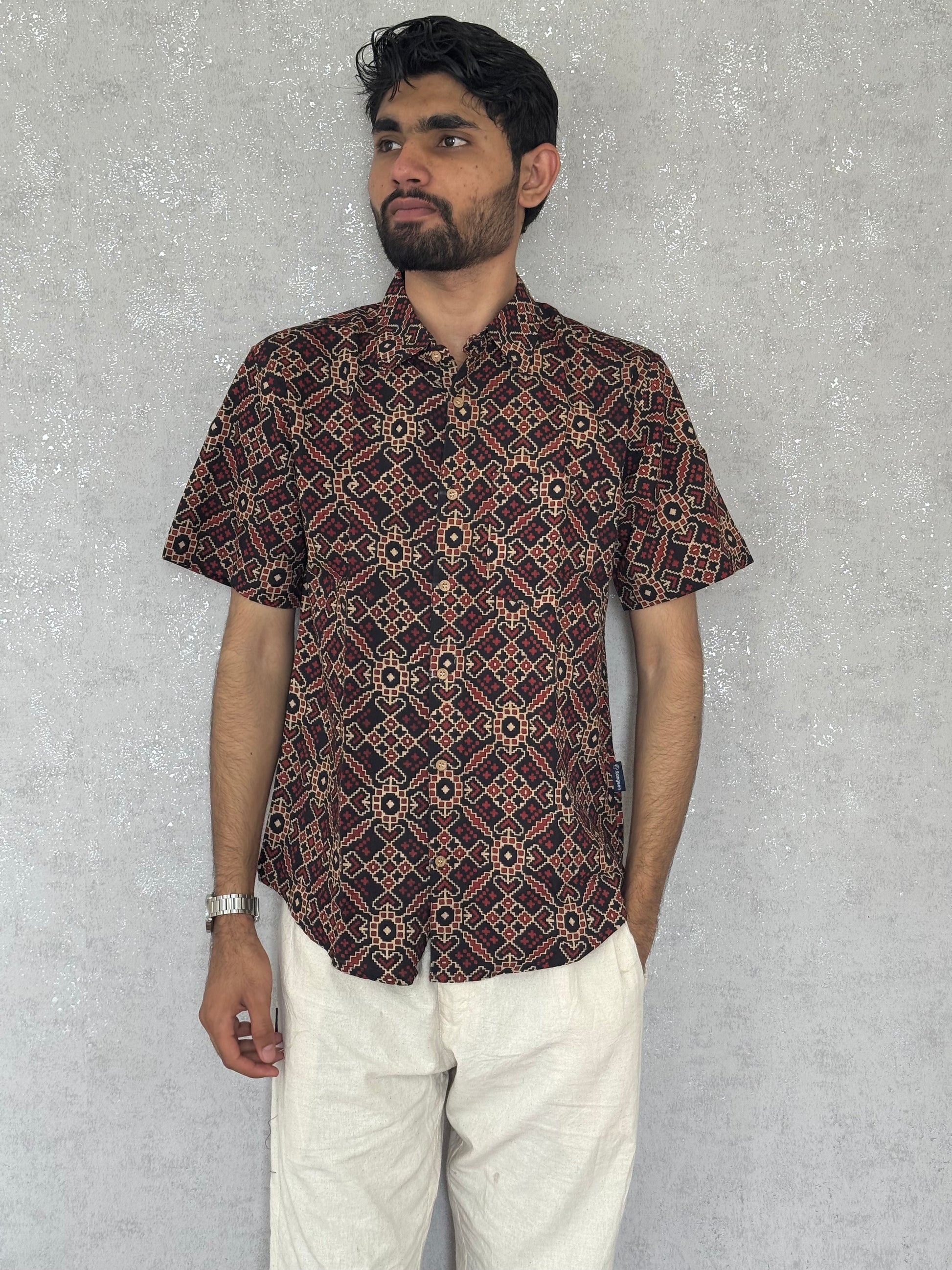 Cotton Ajrakh Half Sleeve Shirt For Men