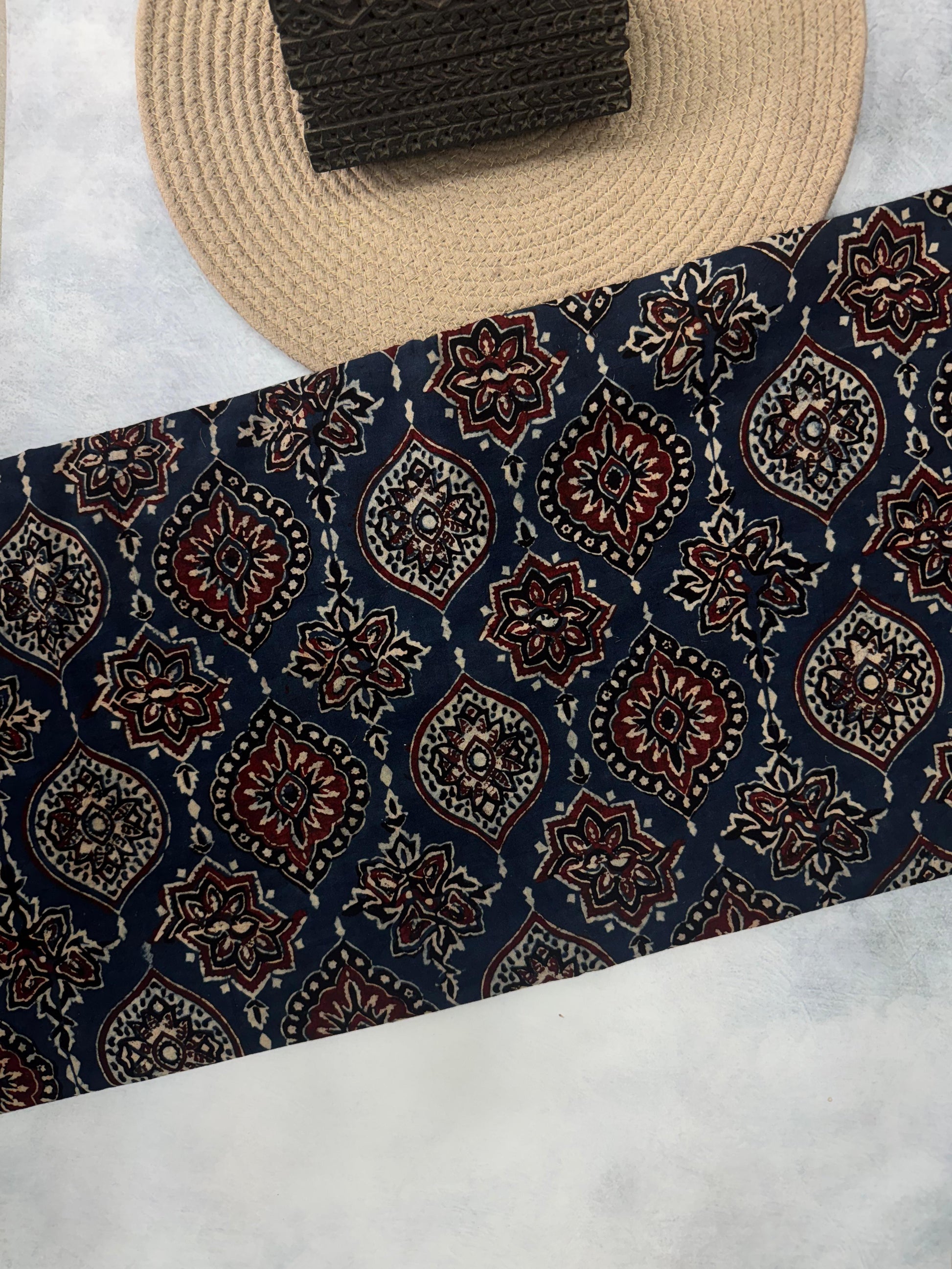 Cotton Ajrakh Hand Block Printed Running Fabric(NARIYAL BUTA)