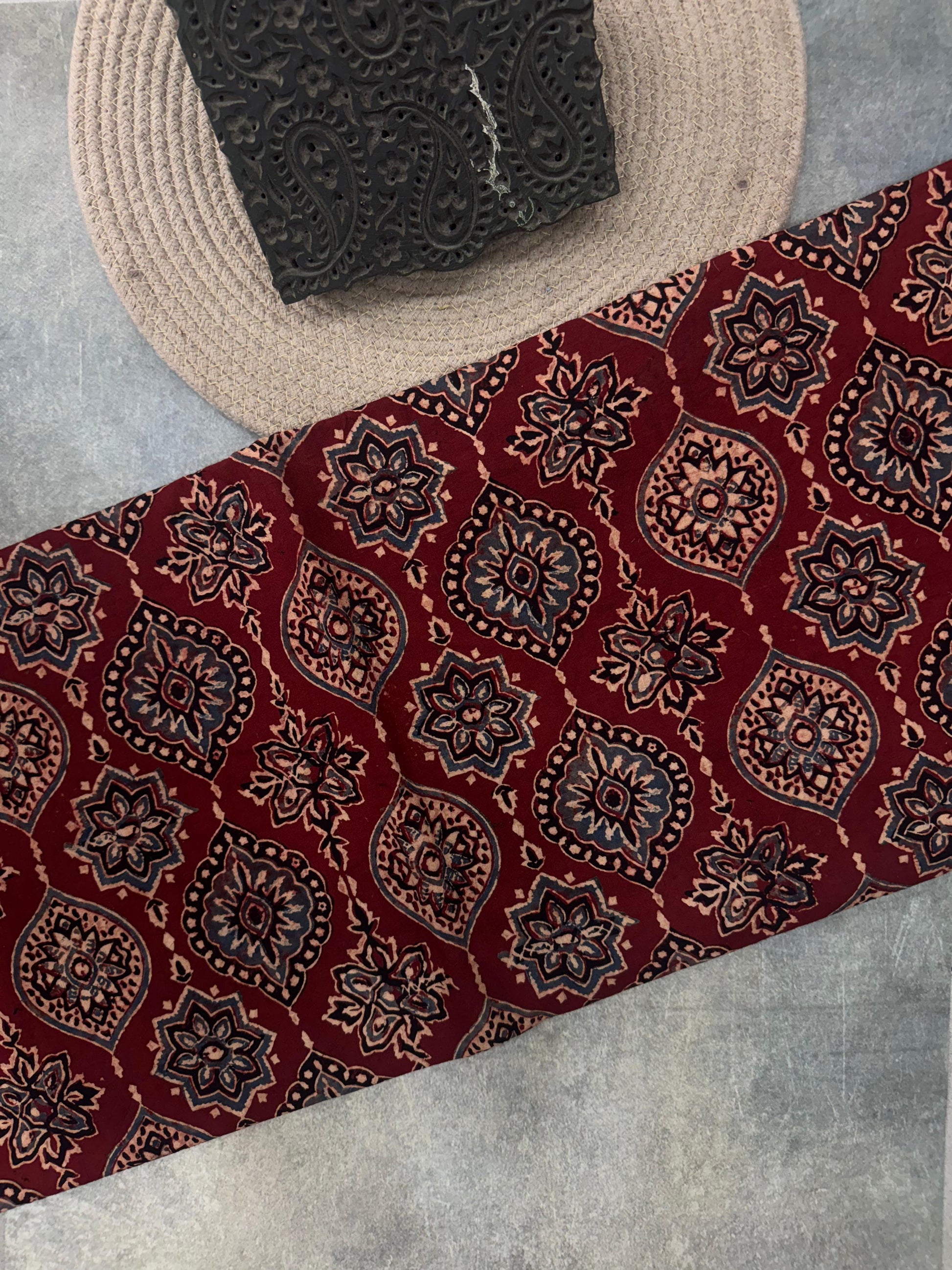 Cotton Ajrakh Hand Block Printed Running Fabric(NARIYAL BUTA)