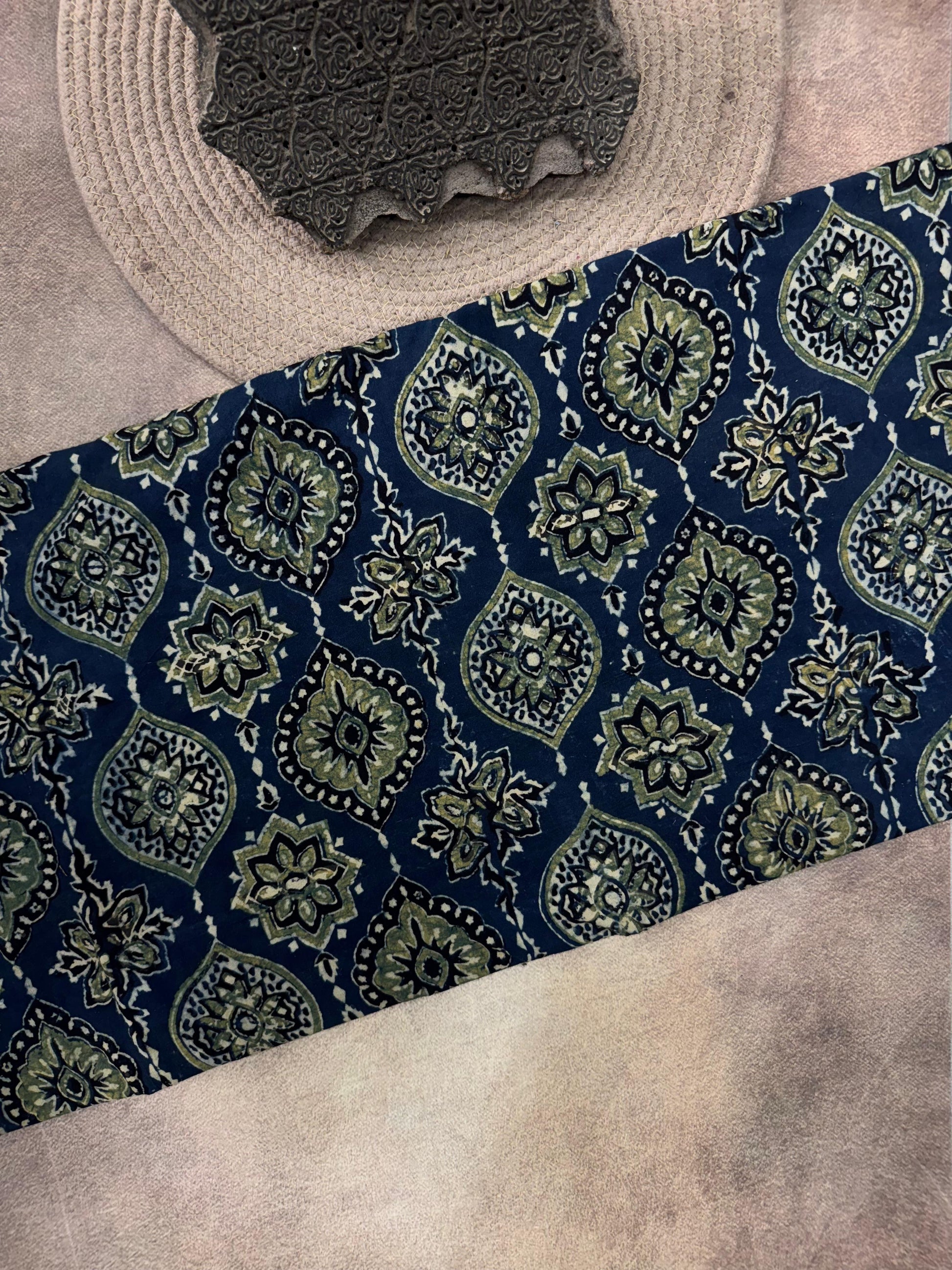 Cotton Ajrakh Hand Block Printed Running Fabric(NARIYAL BUTA)