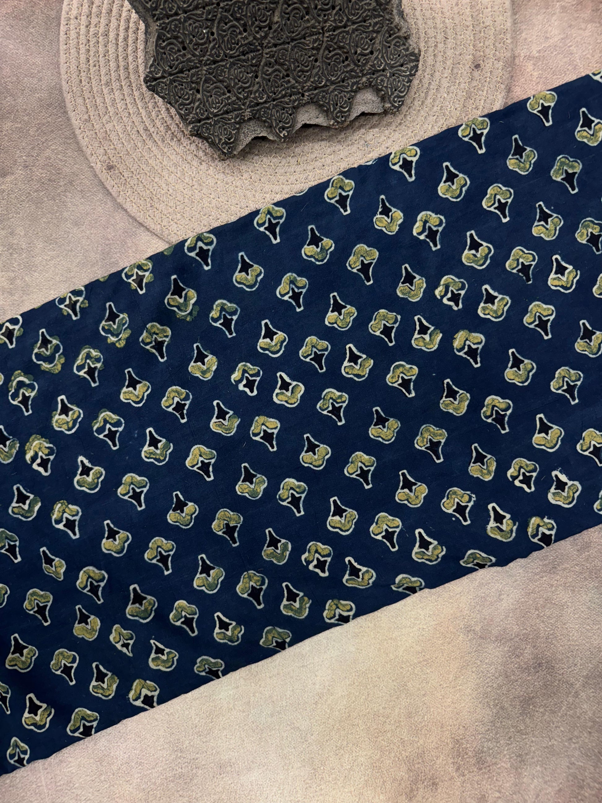 Cotton Ajrakh Hand Block Printed Running Fabric (M BUTI)