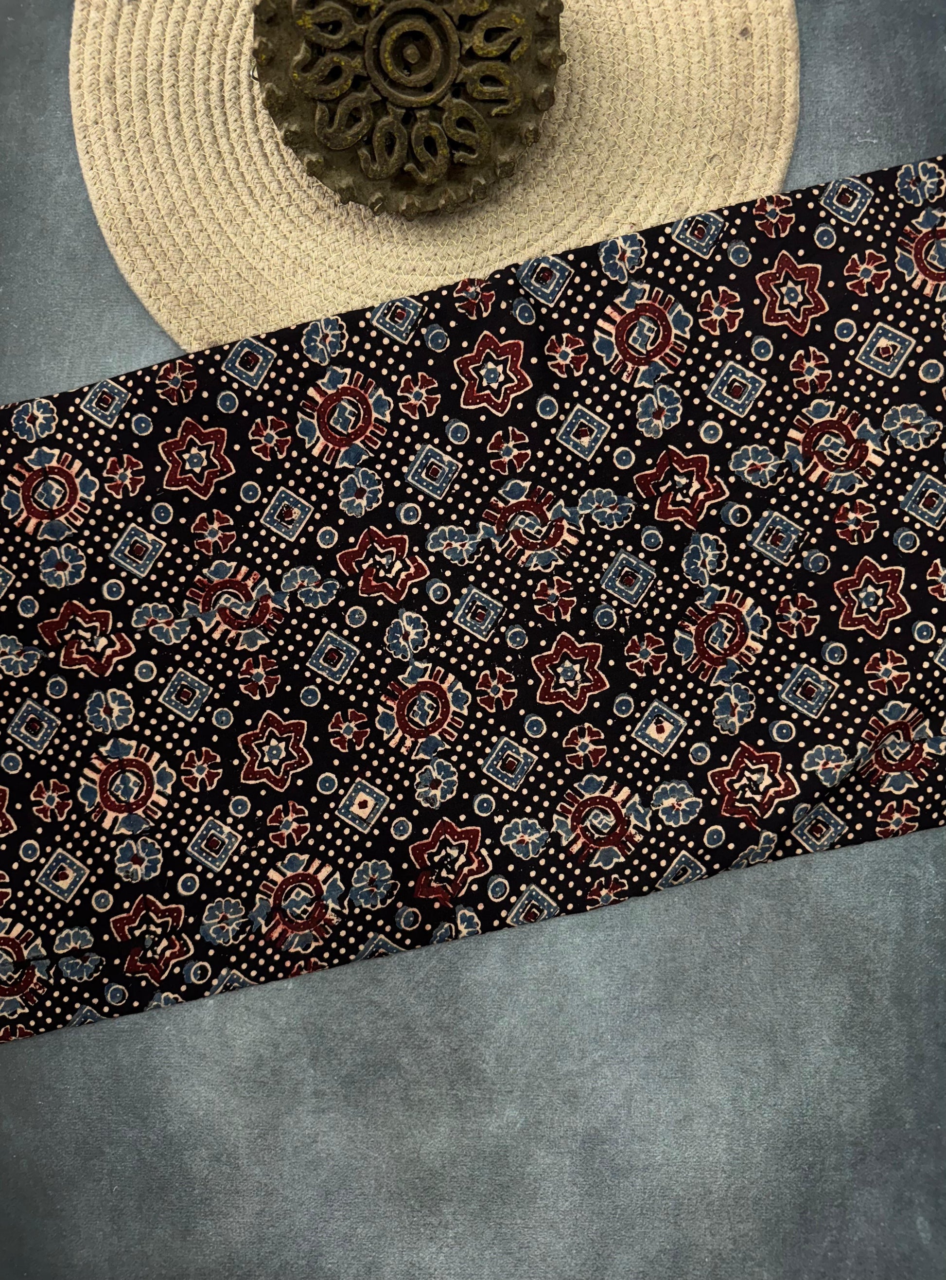 Cotton Ajrakh Hand Block Printed Running Fabric (STAR AJRAKH)