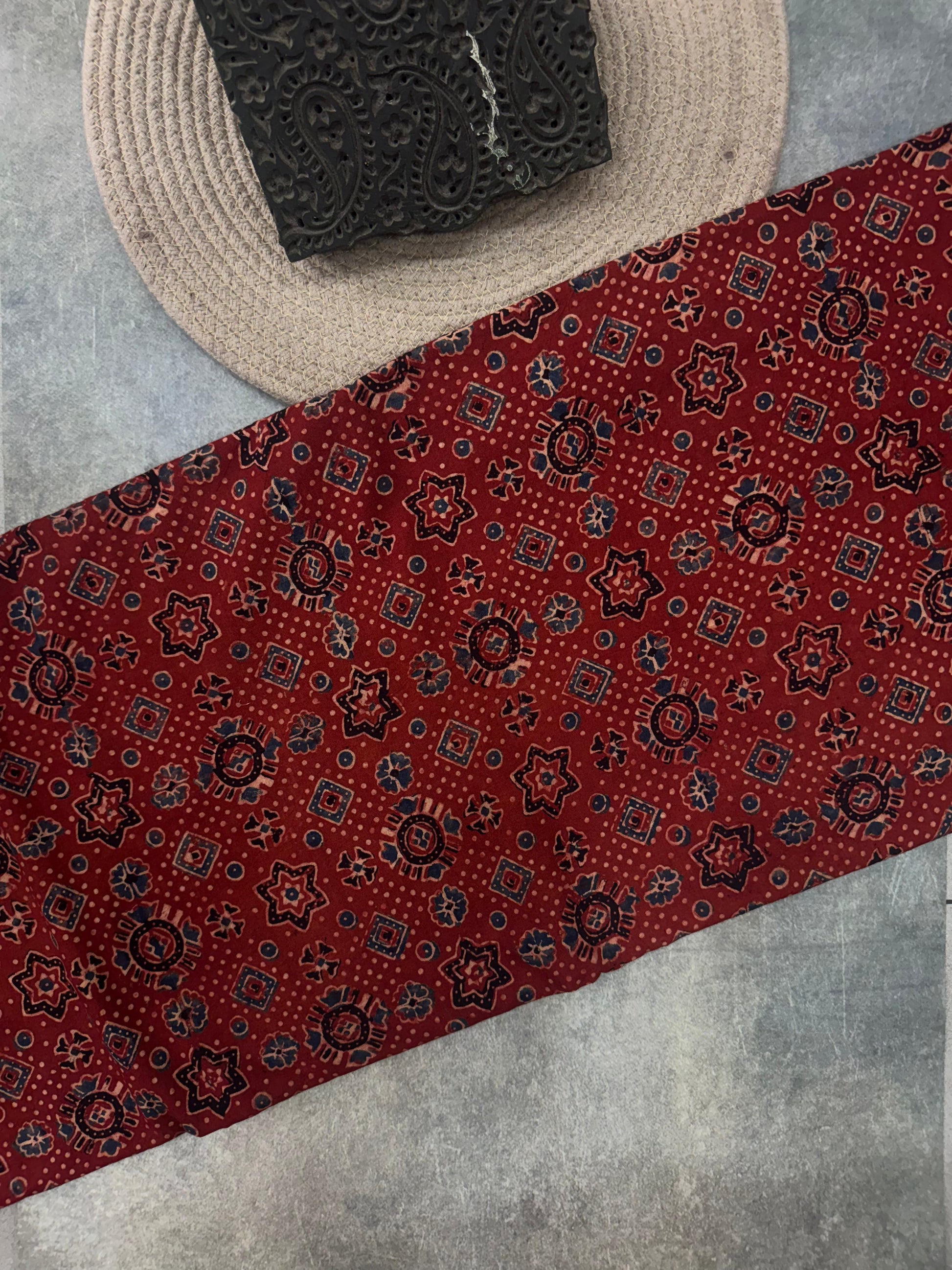 Cotton Ajrakh Hand Block Printed Running Fabric (STAR AJRAKH)
