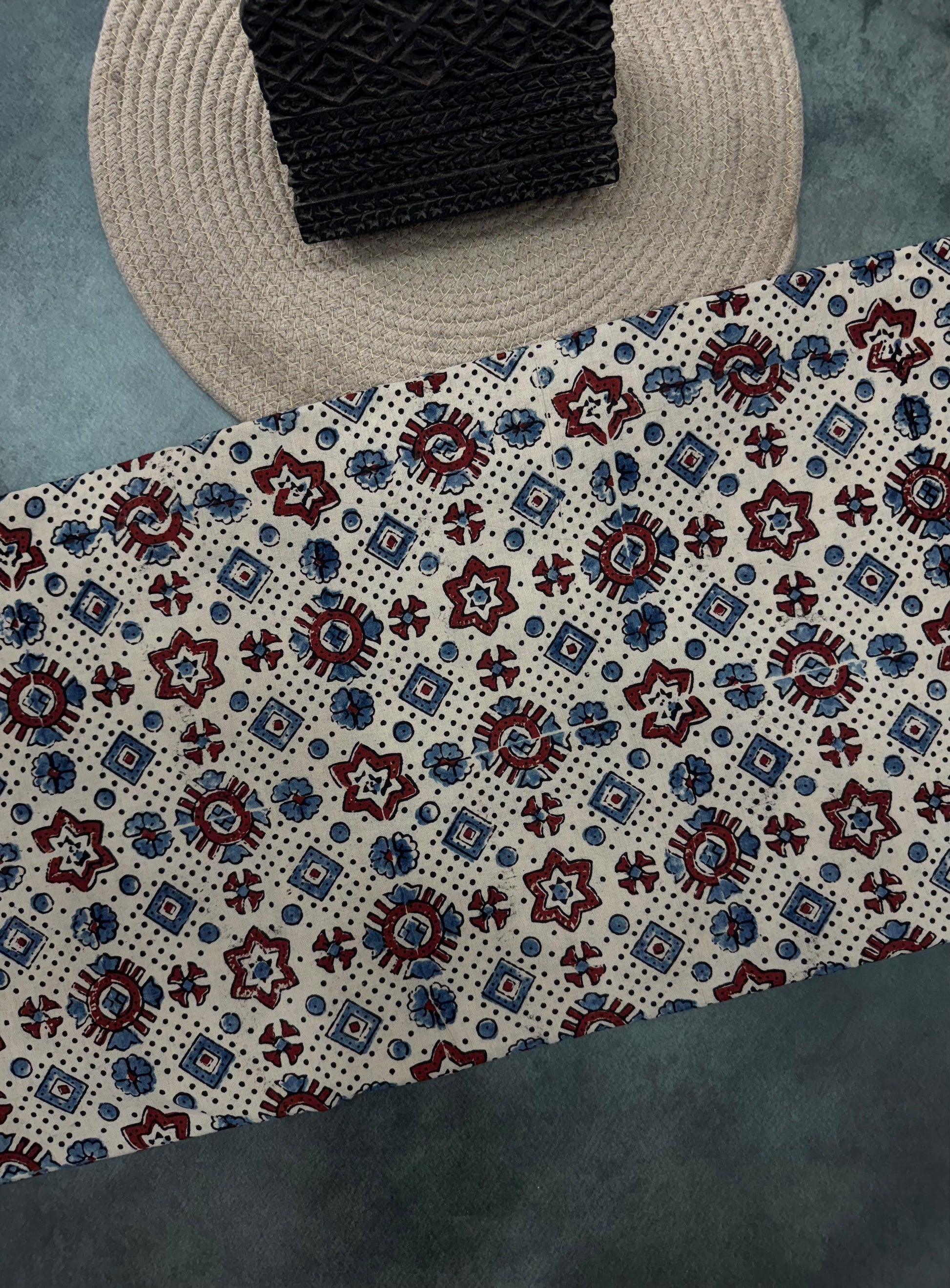 Cotton Ajrakh Hand Block Printed Running Fabric (STAR AJRAKH)