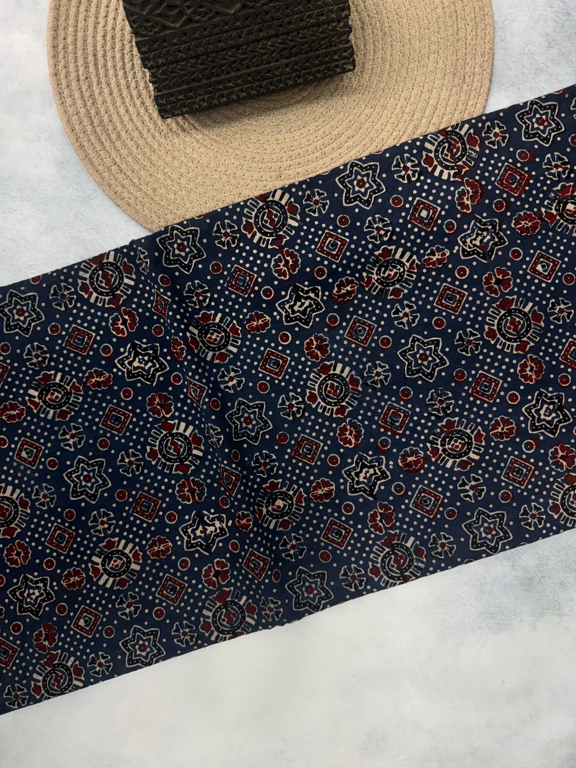 Cotton Ajrakh Hand Block Printed Running Fabric (STAR AJRAKH)