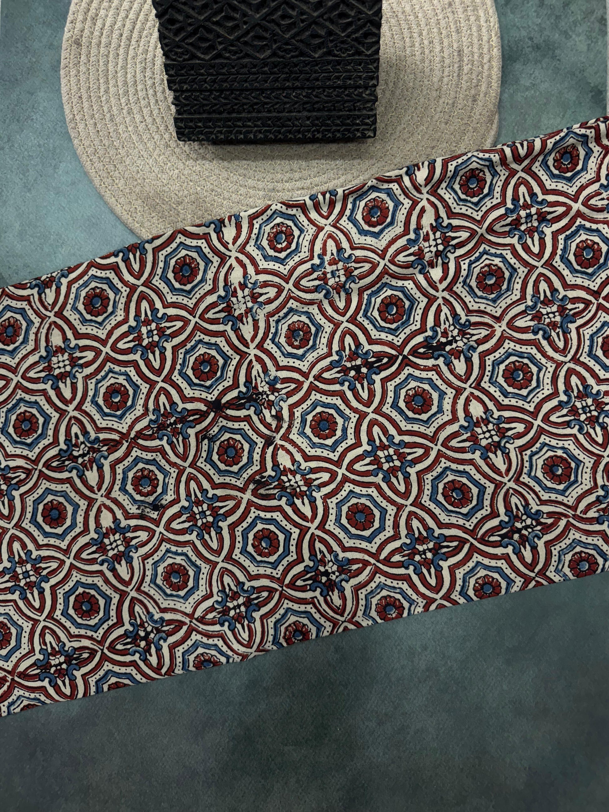 Cotton Ajrakh Hand Block Printed Running Fabric (GEOMETRIC)