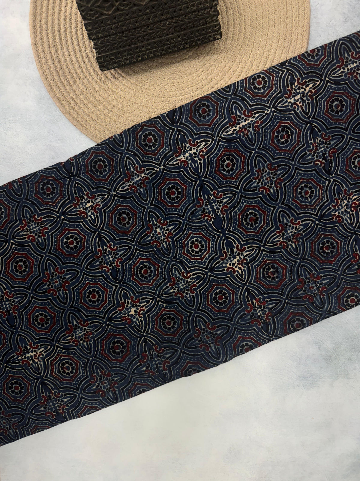 Cotton Ajrakh Hand Block Printed Running Fabric (GEOMETRIC)