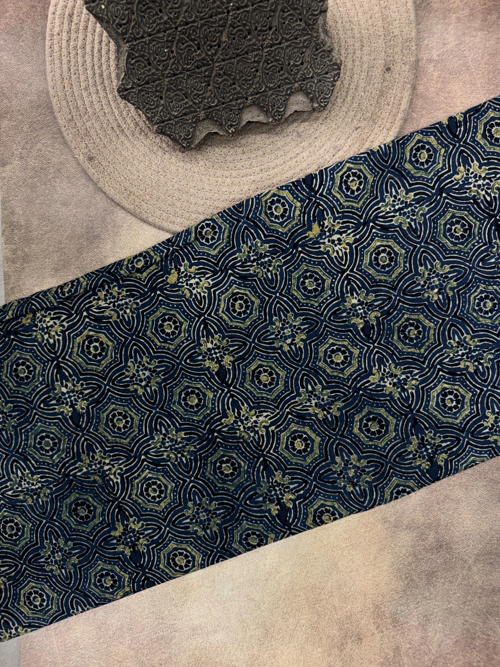 Cotton Ajrakh Hand Block Printed Running Fabric (GEOMETRIC)