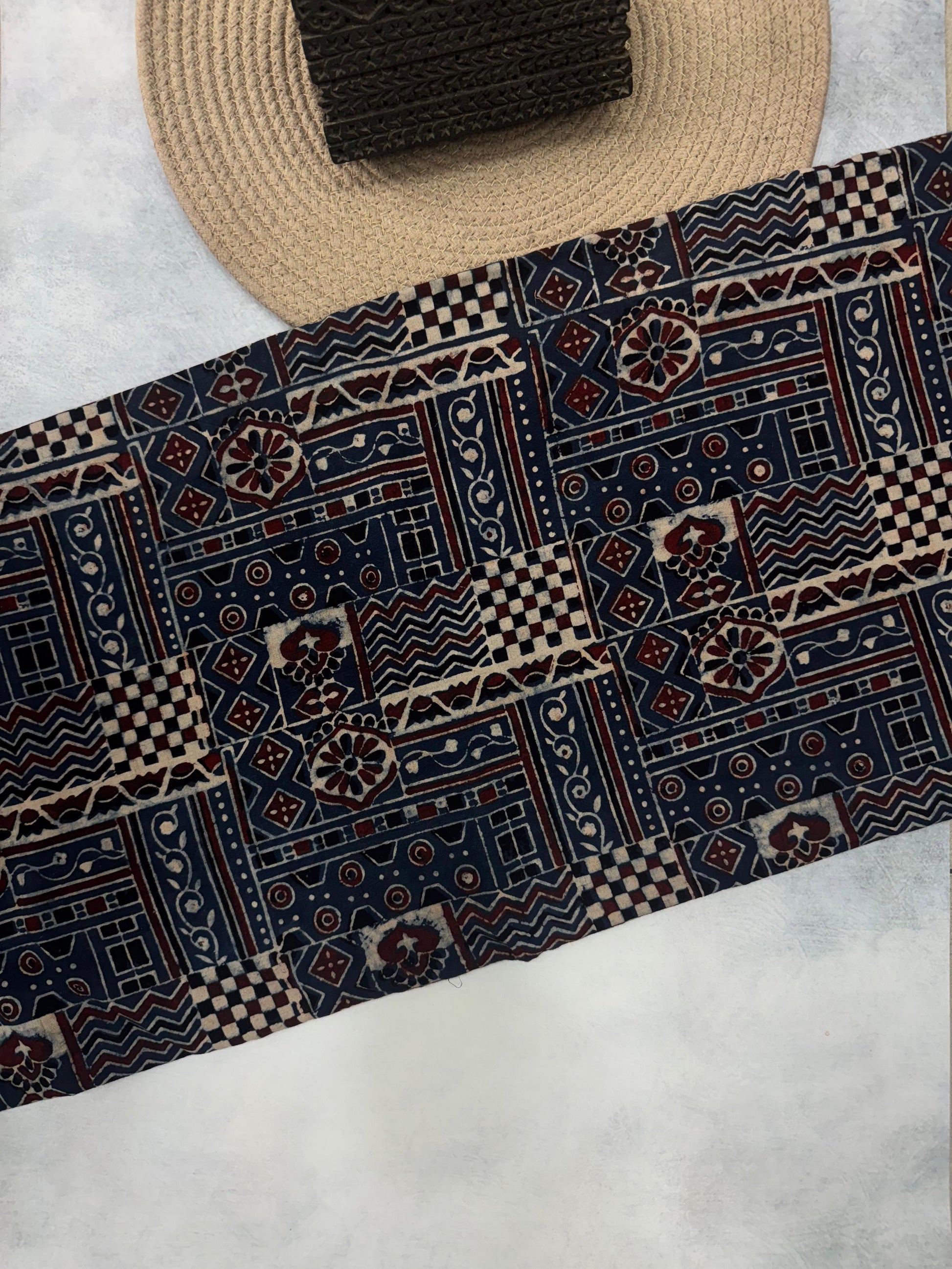 Cotton Ajrakh Hand Block Printed Running Fabric(GHAMTHI)