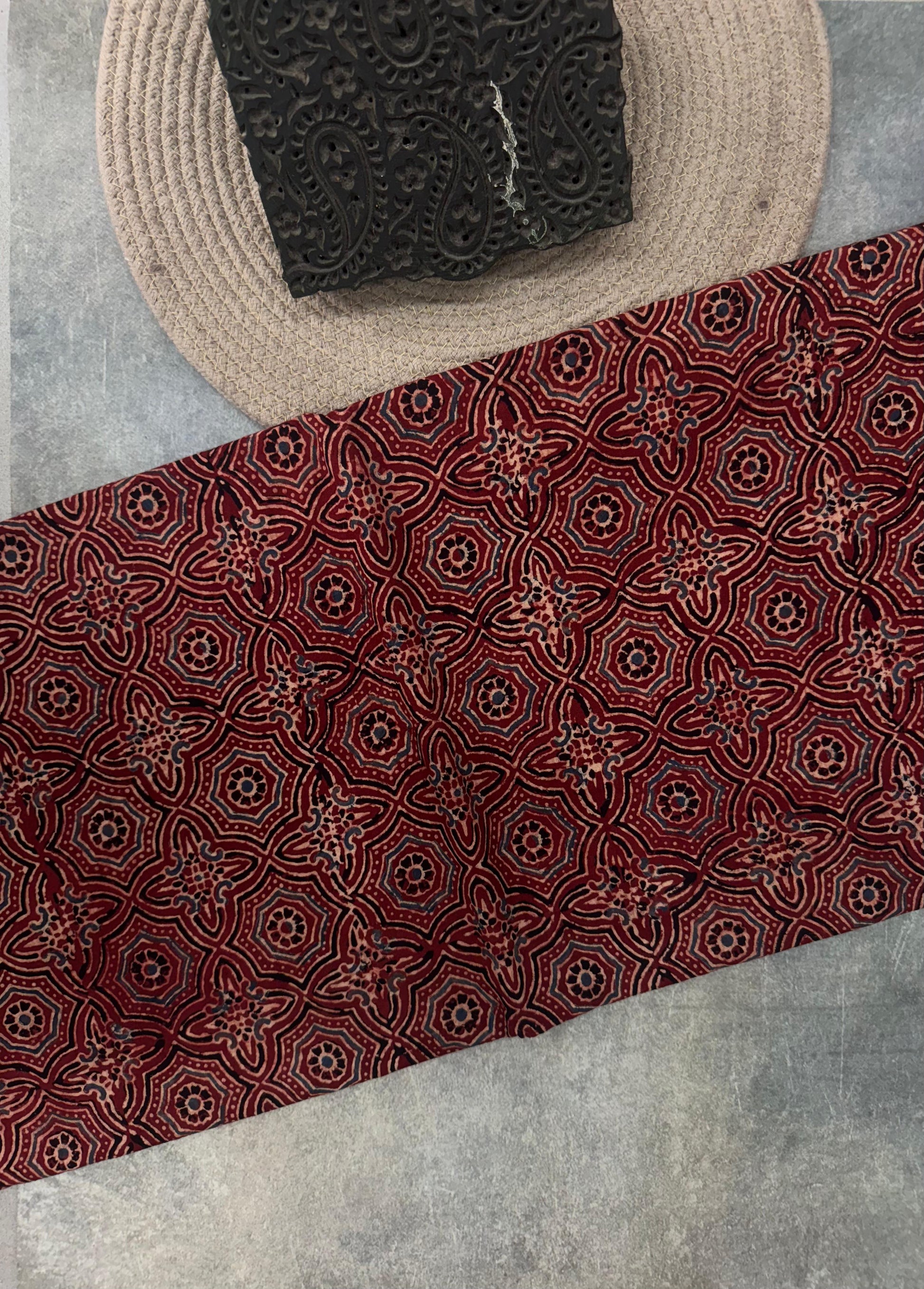 Cotton Ajrakh Hand Block Printed Running Fabric (GEOMETRIC)