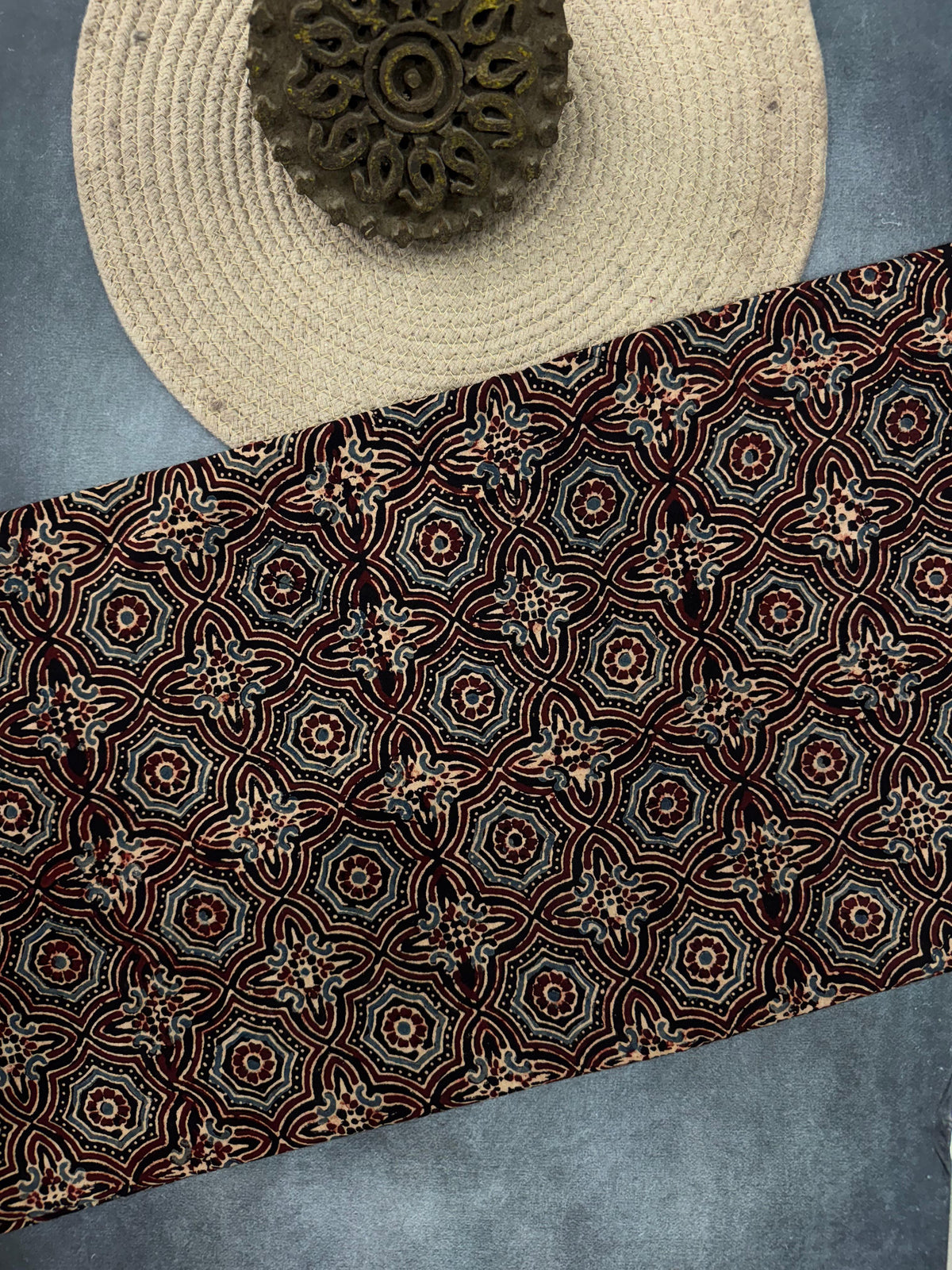 Cotton Ajrakh Hand Block Printed Running Fabric (GEOMETRIC)