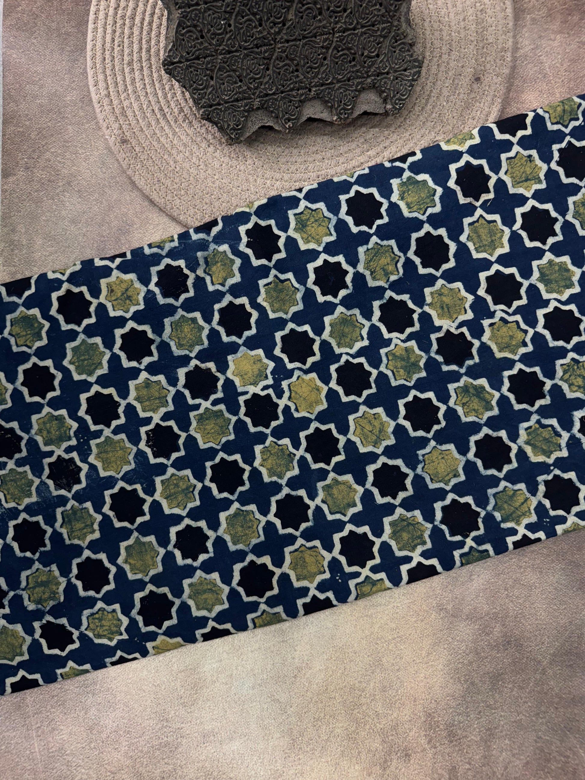Cotton Ajrakh Hand Block Printed Running Fabric(STAR)