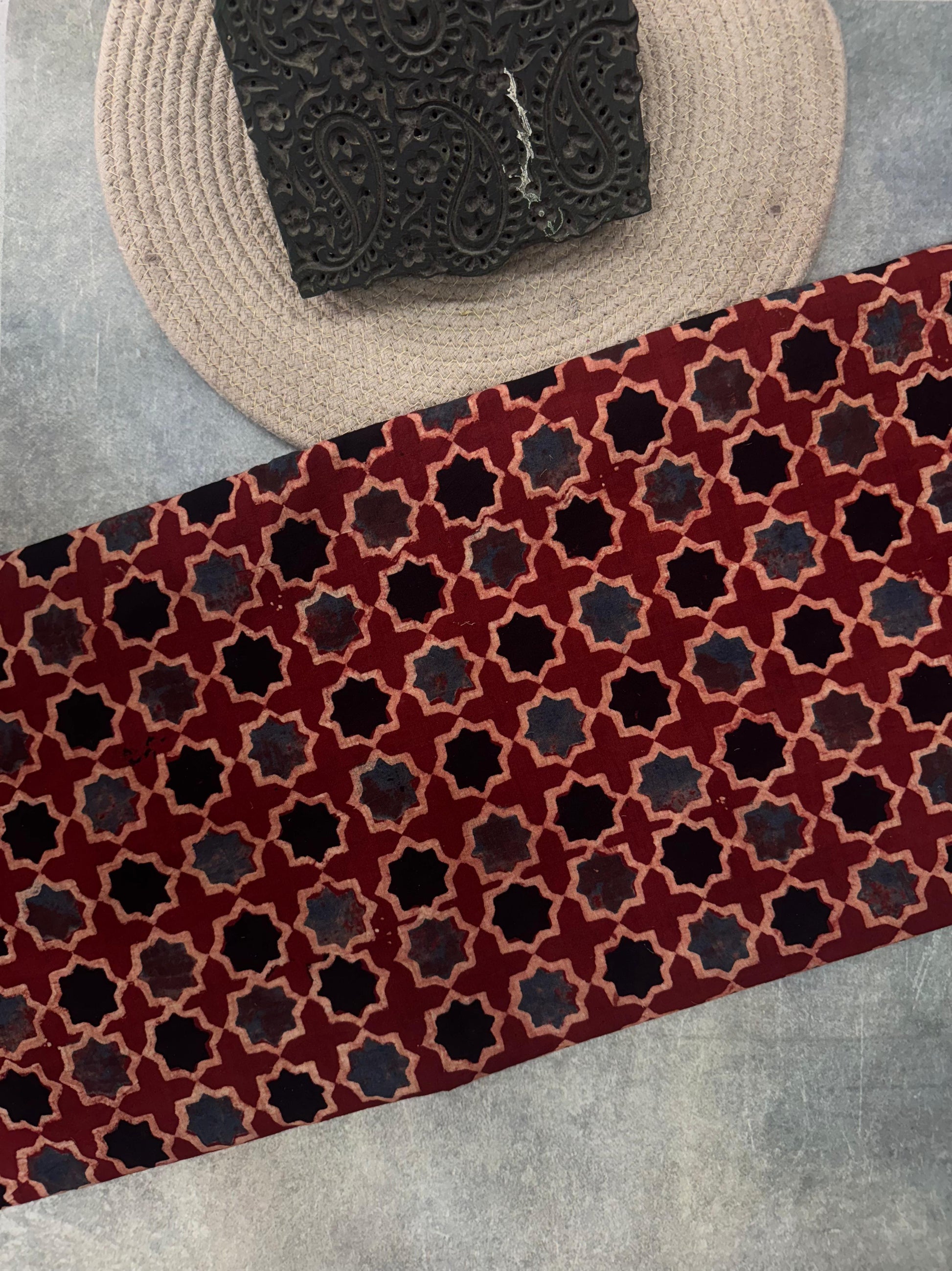 Cotton Ajrakh Hand Block Printed Running Fabric(STAR)