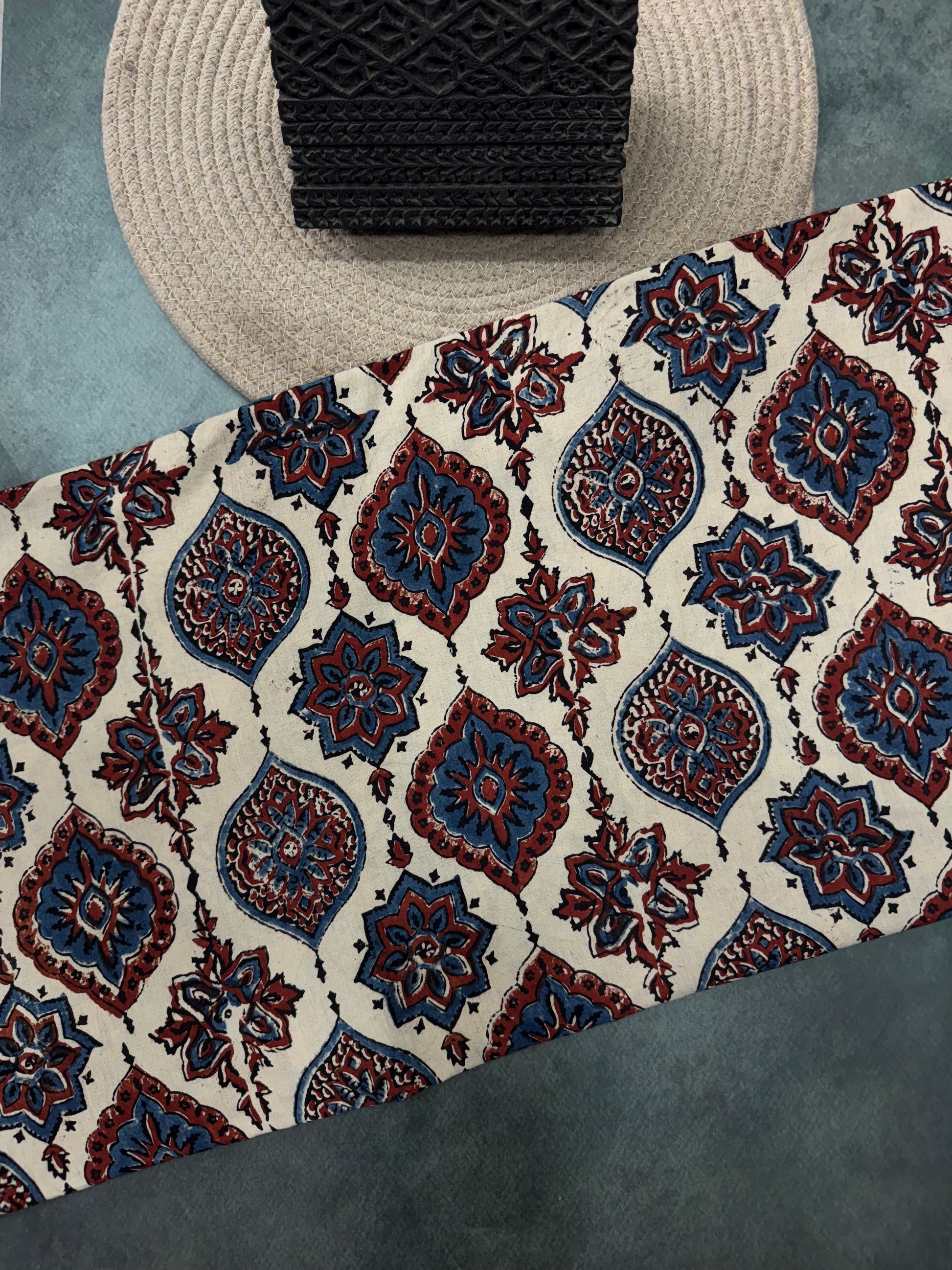 Cotton Ajrakh Hand Block Printed Running Fabric(NARIYAL BUTA)